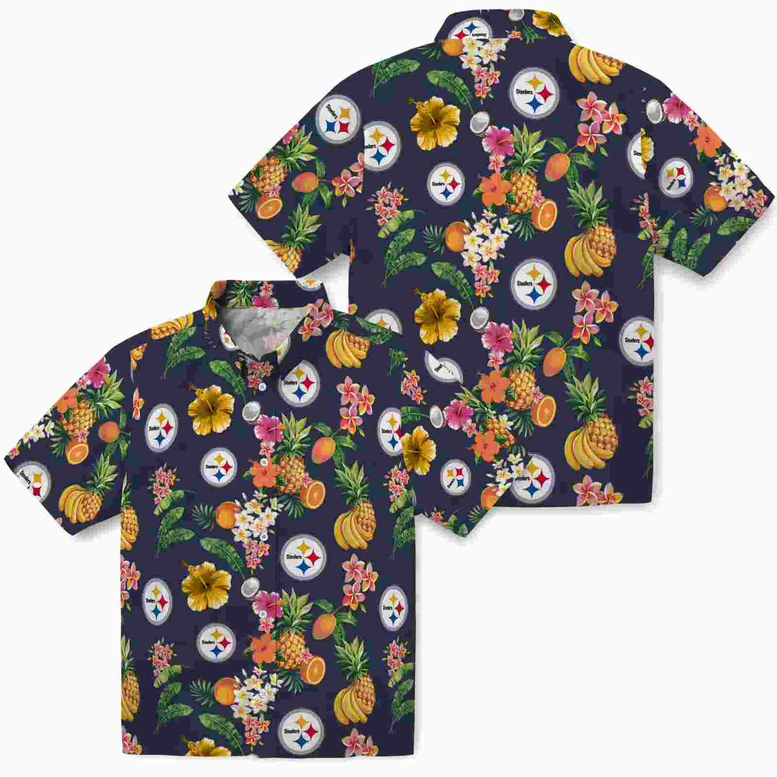 pittsburgh steelers hibiscus and fruit navy blue hawaiian shirt high quality