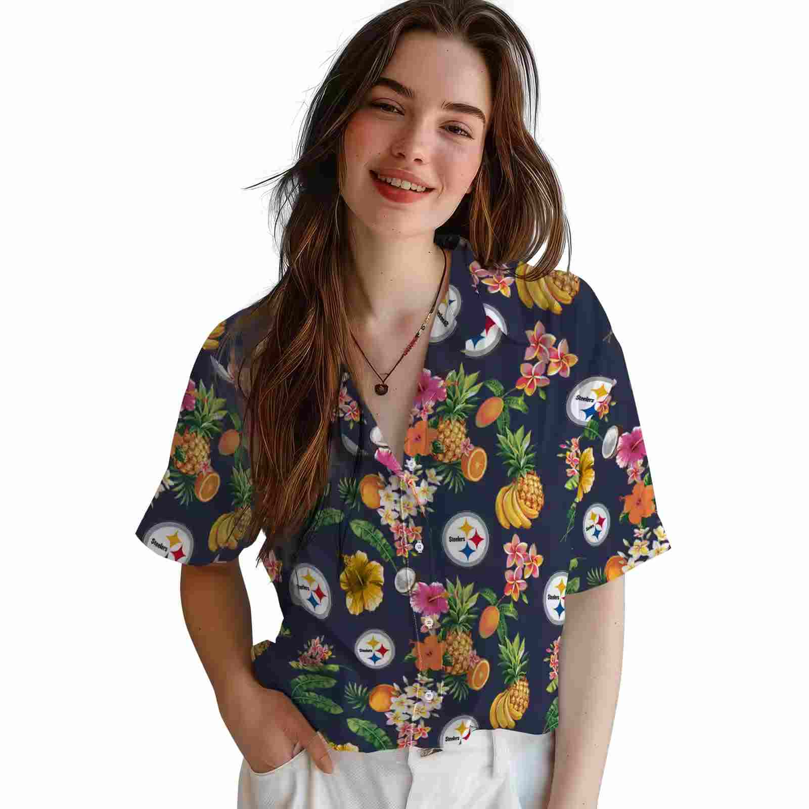 pittsburgh steelers hibiscus and fruit navy blue hawaiian shirt latest model