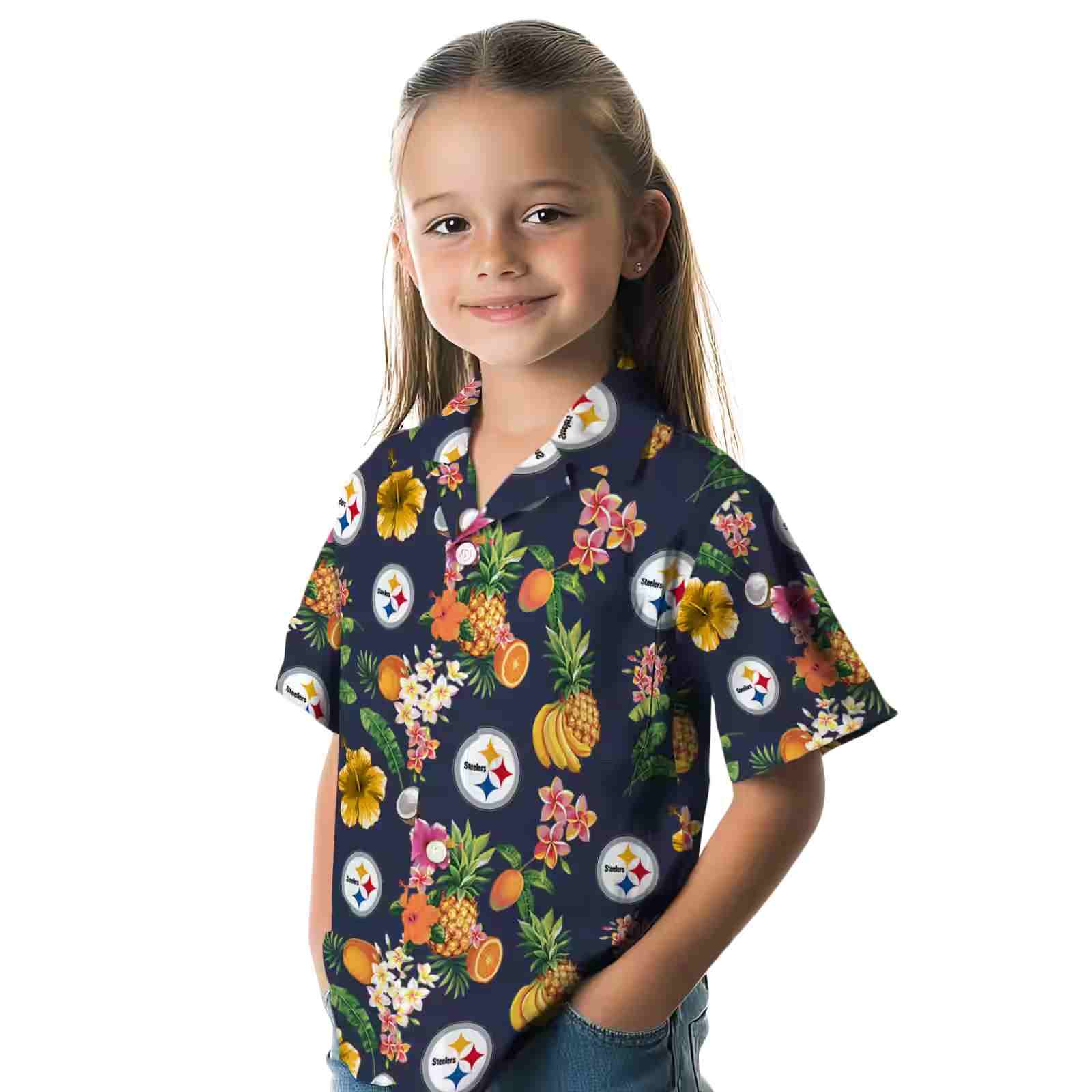 pittsburgh steelers hibiscus and fruit navy blue hawaiian shirt premium grade