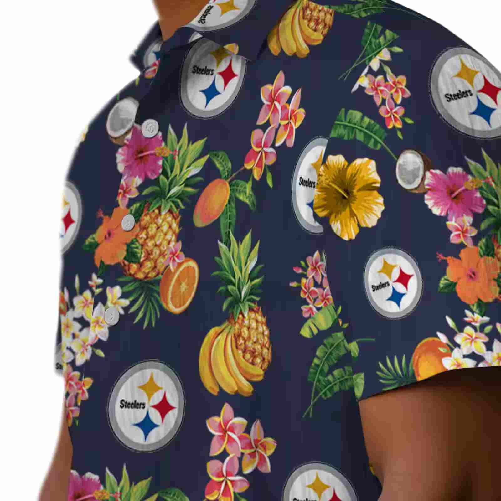 pittsburgh steelers hibiscus and fruit navy blue hawaiian shirt trendy