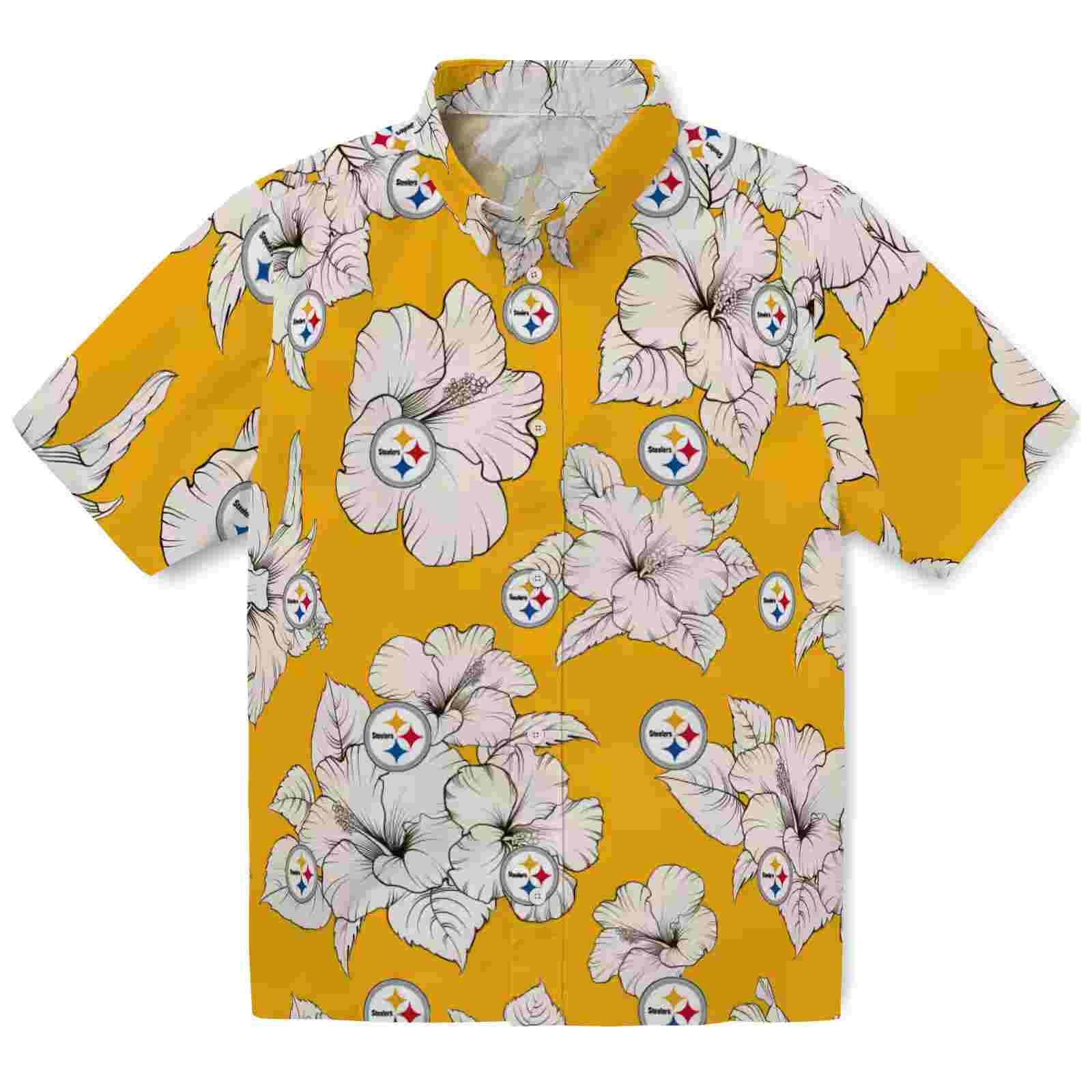 Pittsburgh Steelers Hibiscus Blooms Gold White Hawaiian Shirt