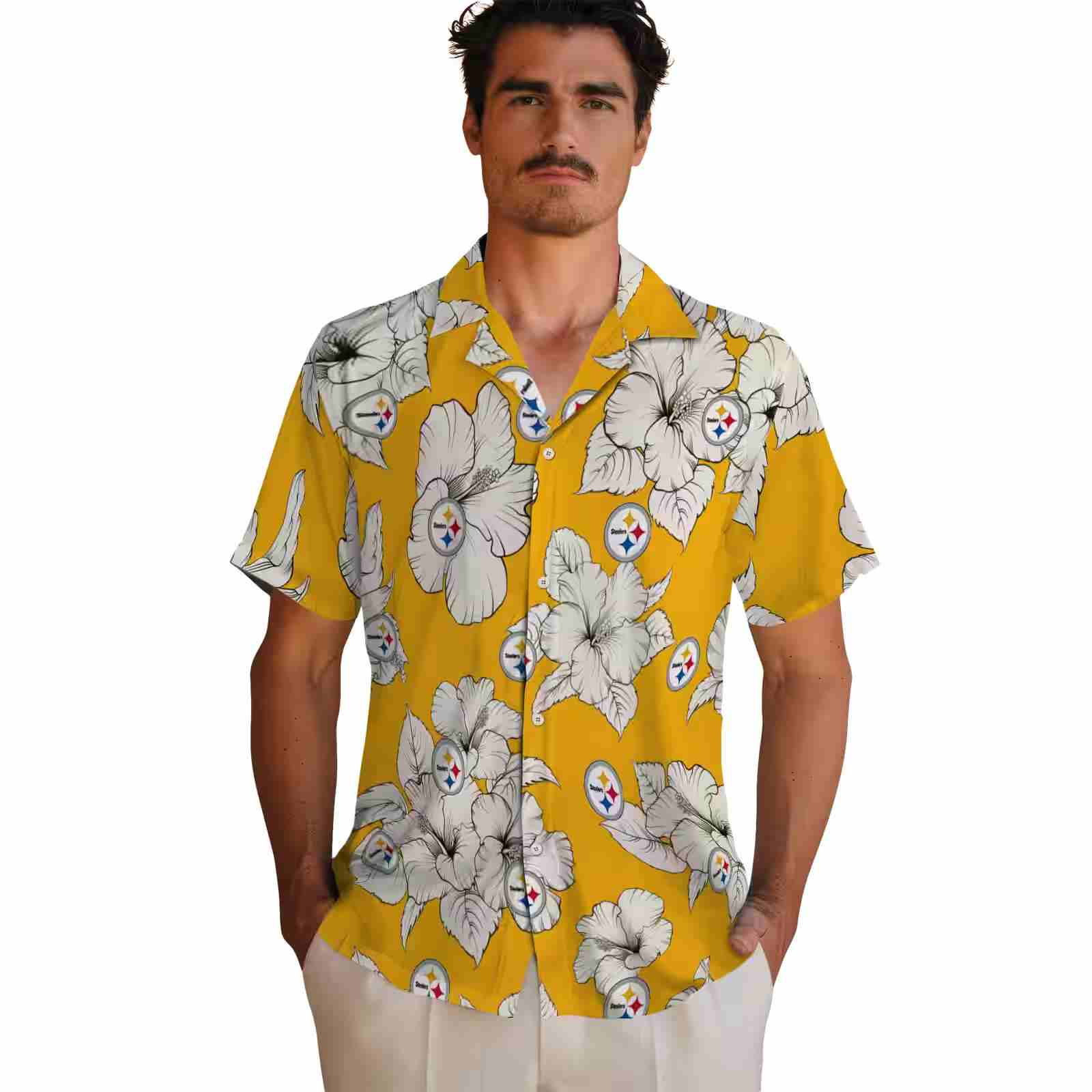 pittsburgh steelers hibiscus blooms gold white hawaiian shirt fashion forward