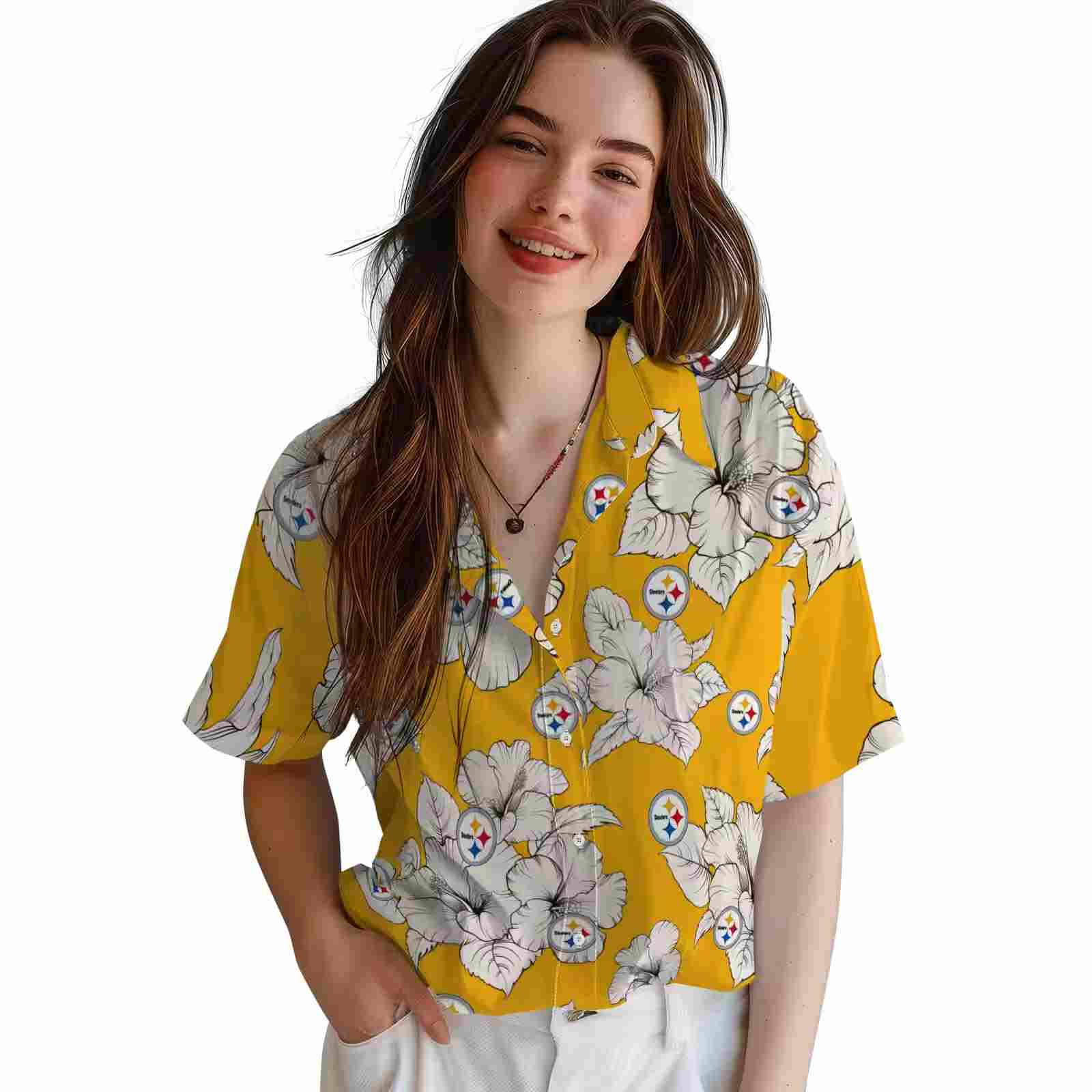 pittsburgh steelers hibiscus blooms gold white hawaiian shirt latest model