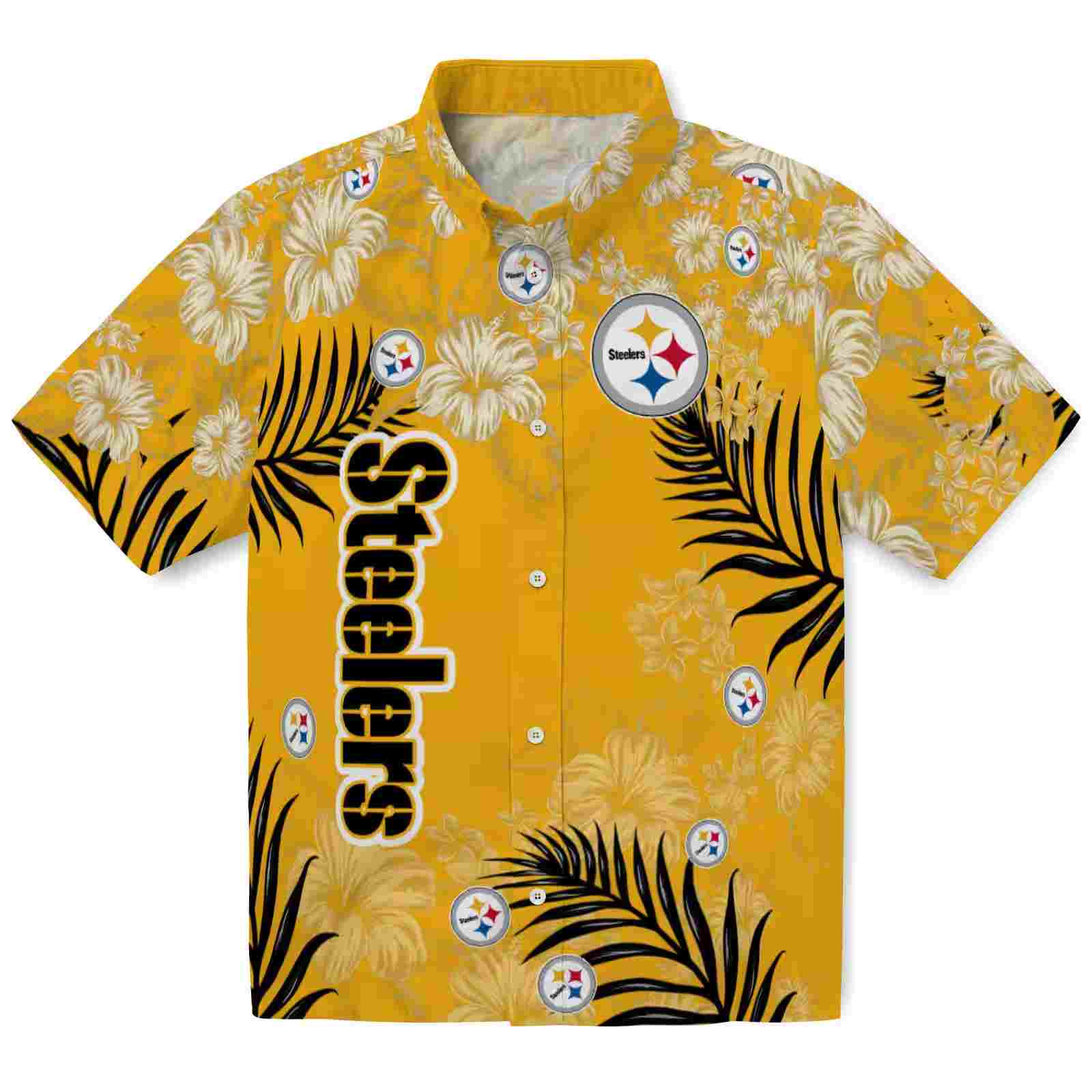 Pittsburgh Steelers Hibiscus Print Gold Hawaiian Shirt