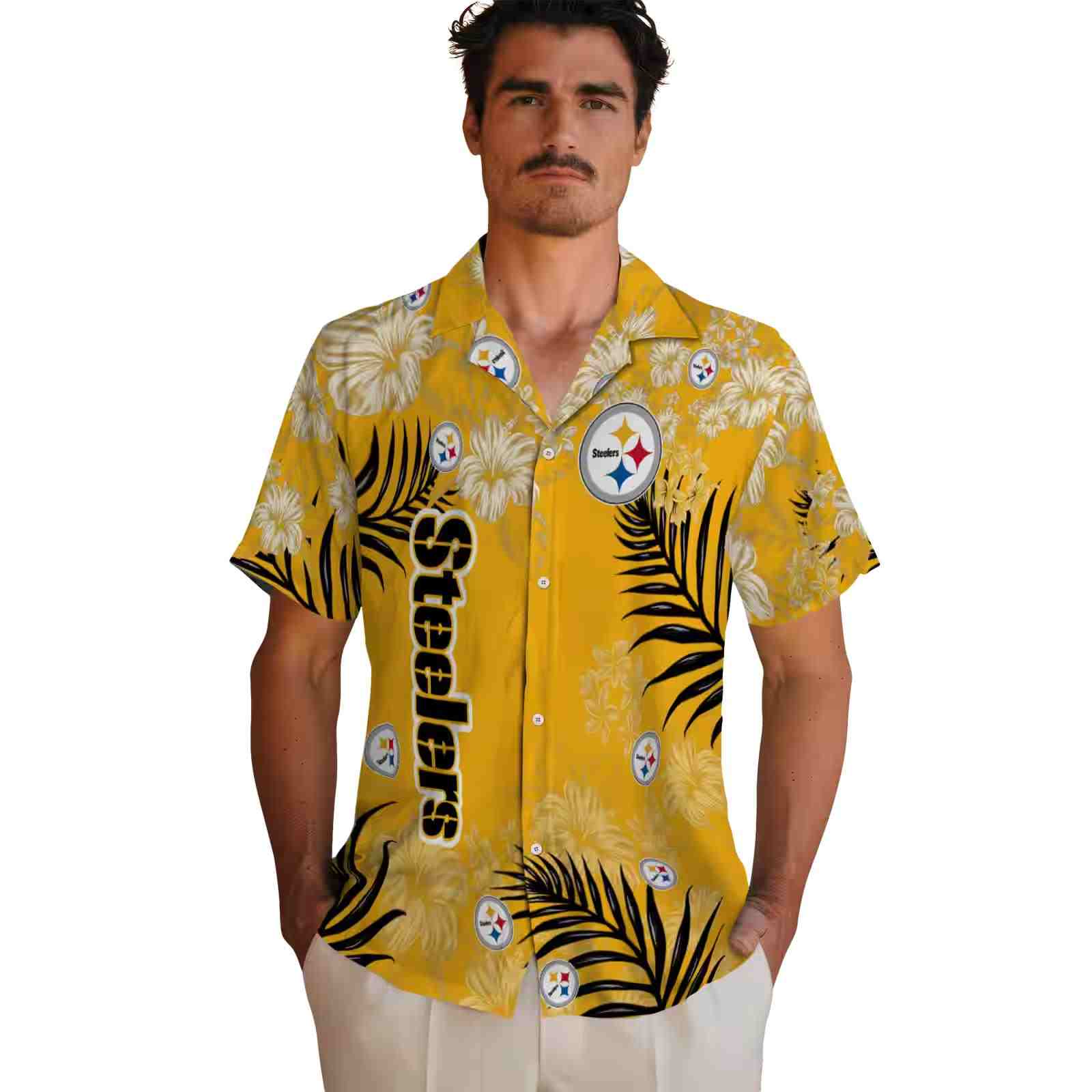 pittsburgh steelers hibiscus print gold hawaiian shirt fashion forward