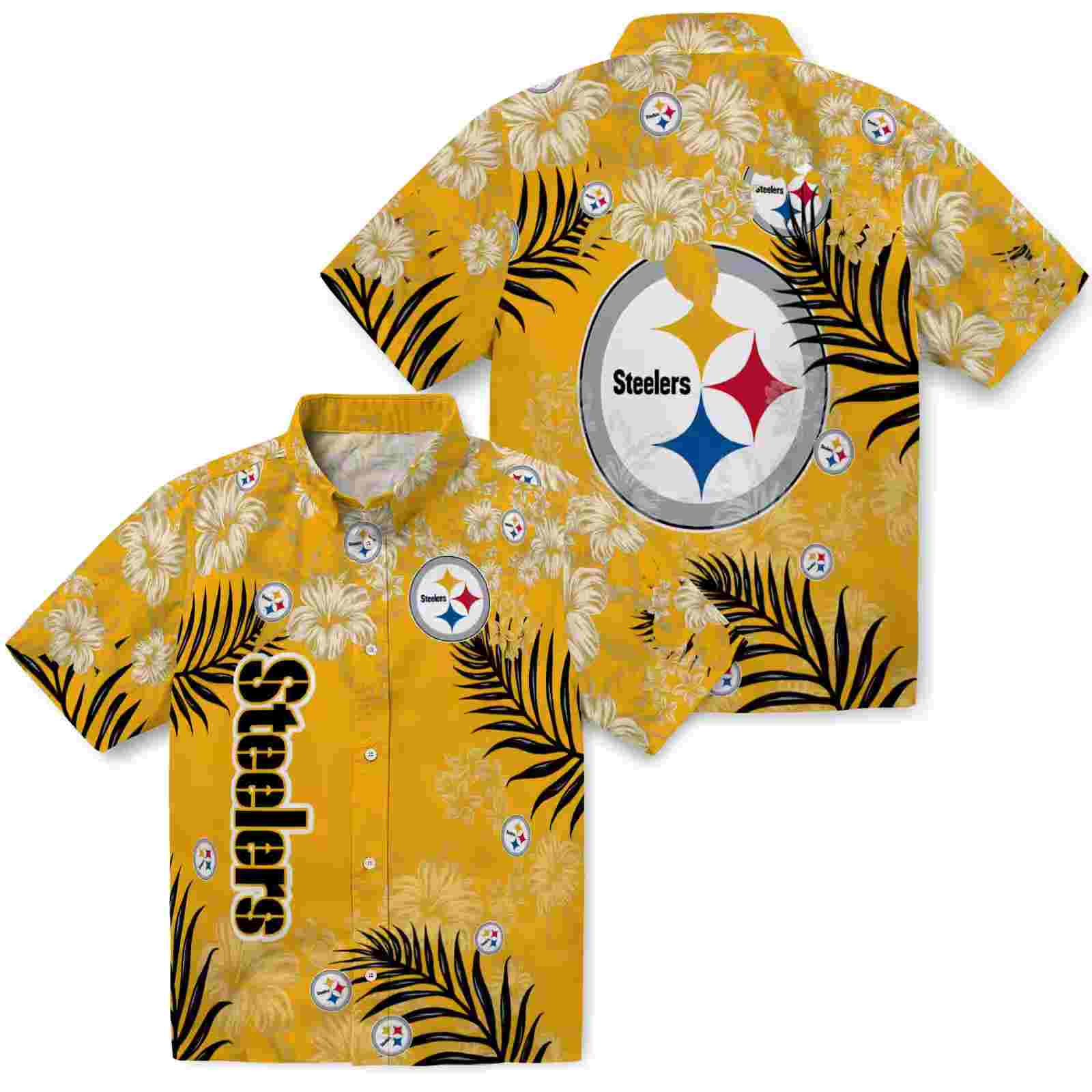 pittsburgh steelers hibiscus print gold hawaiian shirt high quality