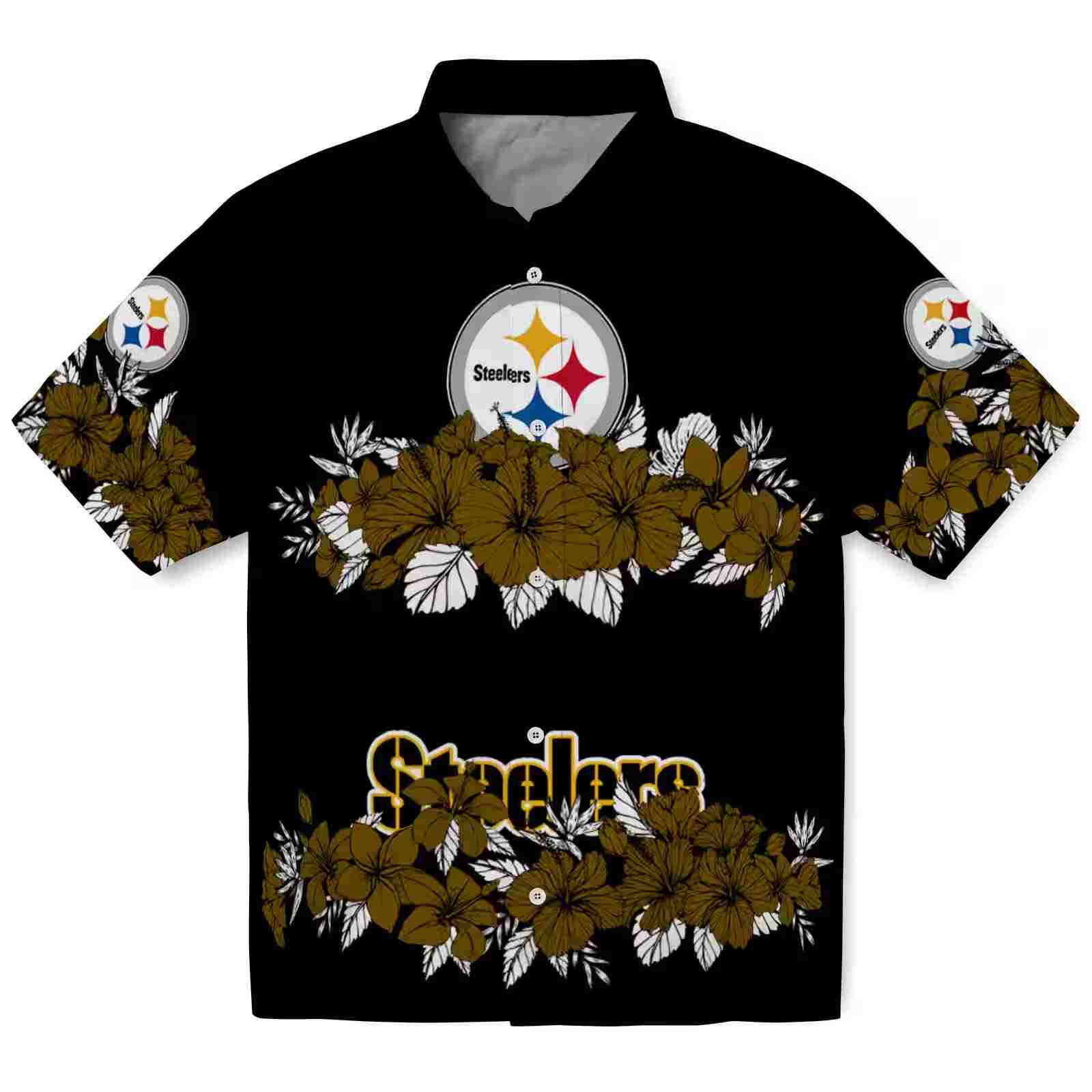 Pittsburgh Steelers Hibiscus Stripe Gold Black Hawaiian Shirt