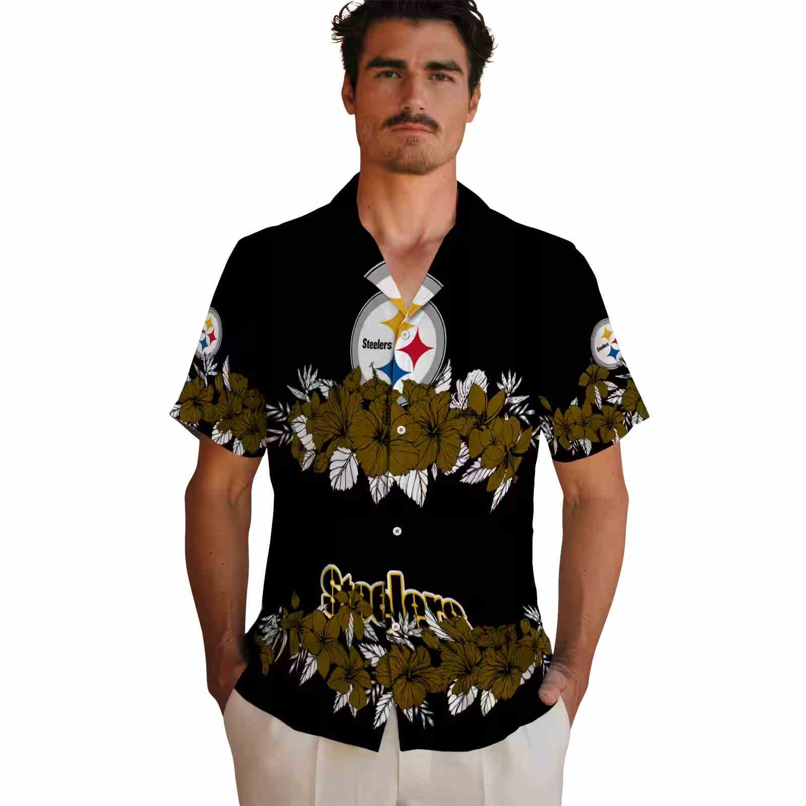 pittsburgh steelers hibiscus stripe gold black hawaiian shirt fashion forward