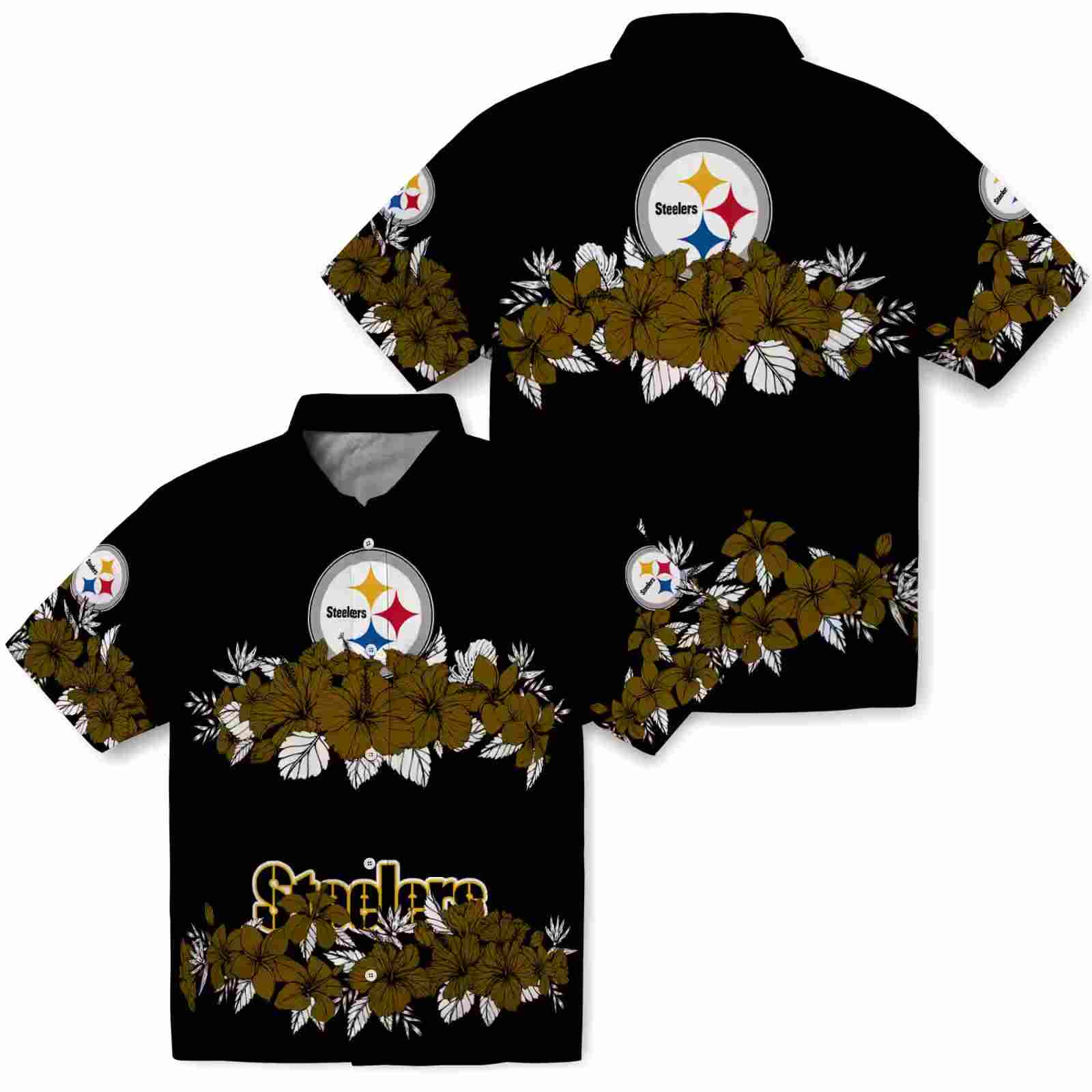 pittsburgh steelers hibiscus stripe gold black hawaiian shirt high quality