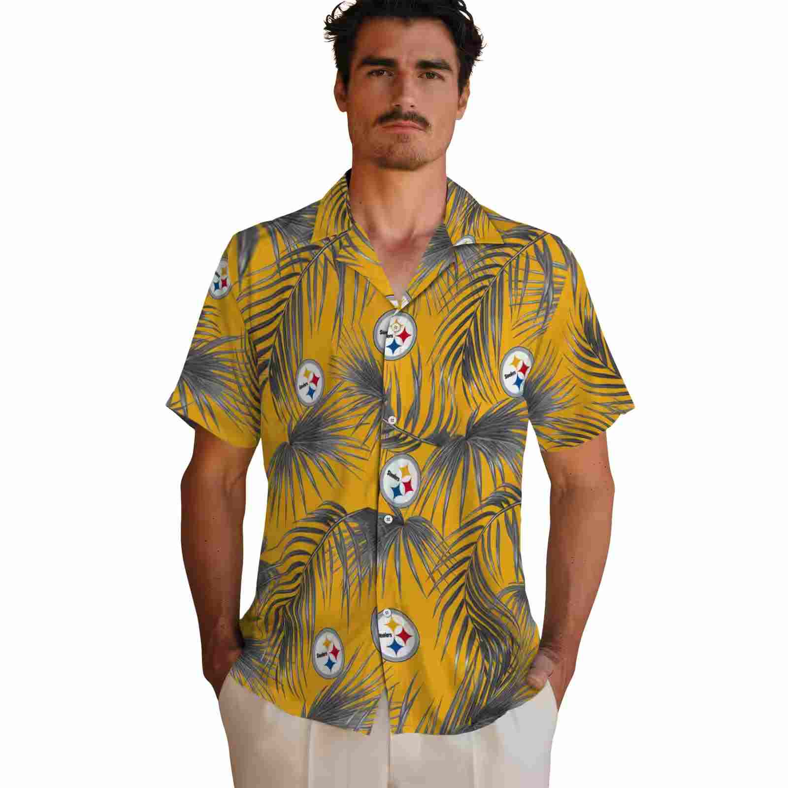 pittsburgh steelers leafy palms gold hawaiian shirt fashion forward