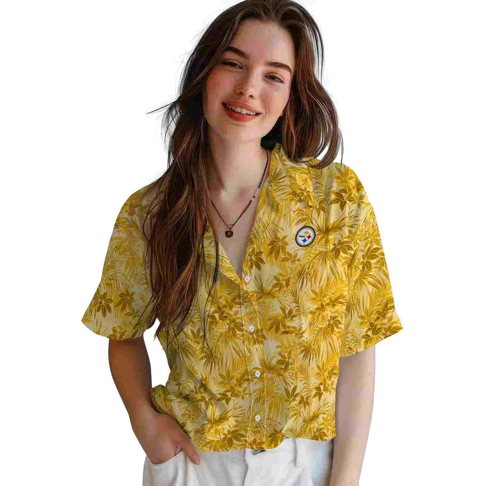 pittsburgh steelers leafy pattern gold hawaiian shirt latest model