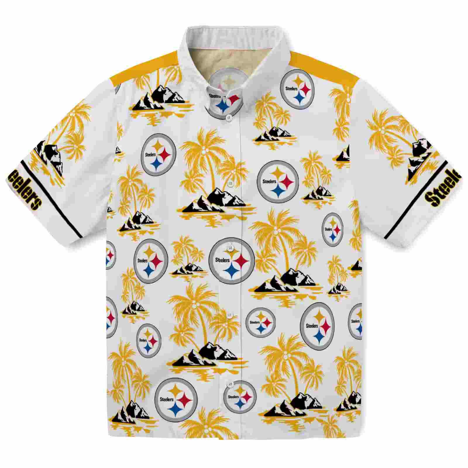 Pittsburgh Steelers Palm Island Print Gold White Hawaiian Shirt