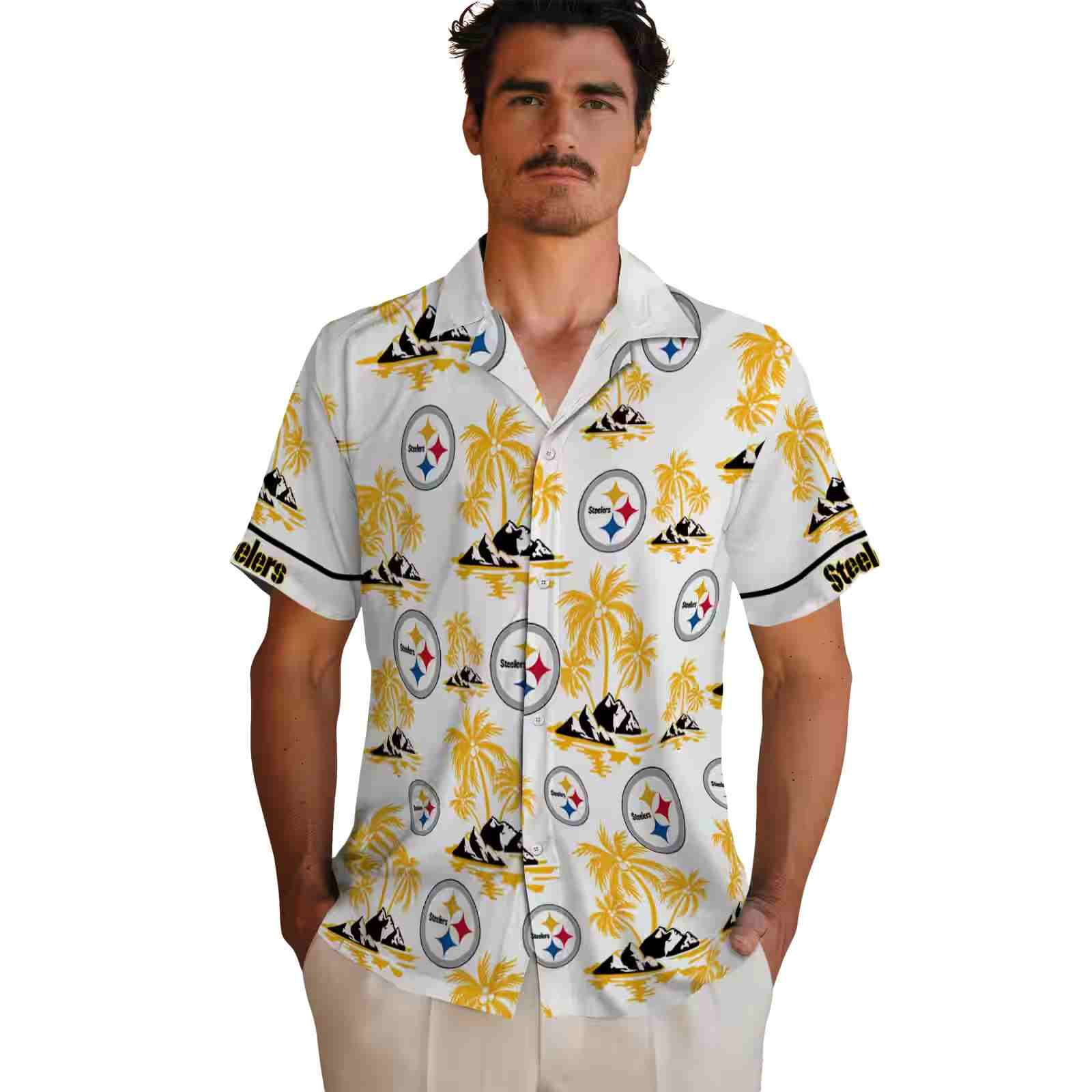 pittsburgh steelers palm island print gold white hawaiian shirt fashion forward