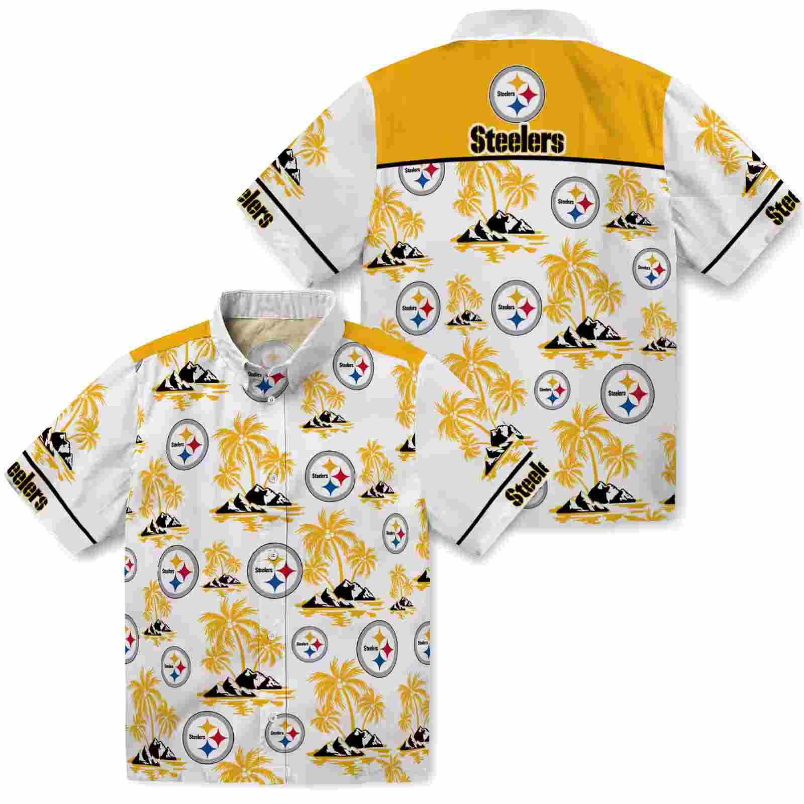 pittsburgh steelers palm island print gold white hawaiian shirt high quality