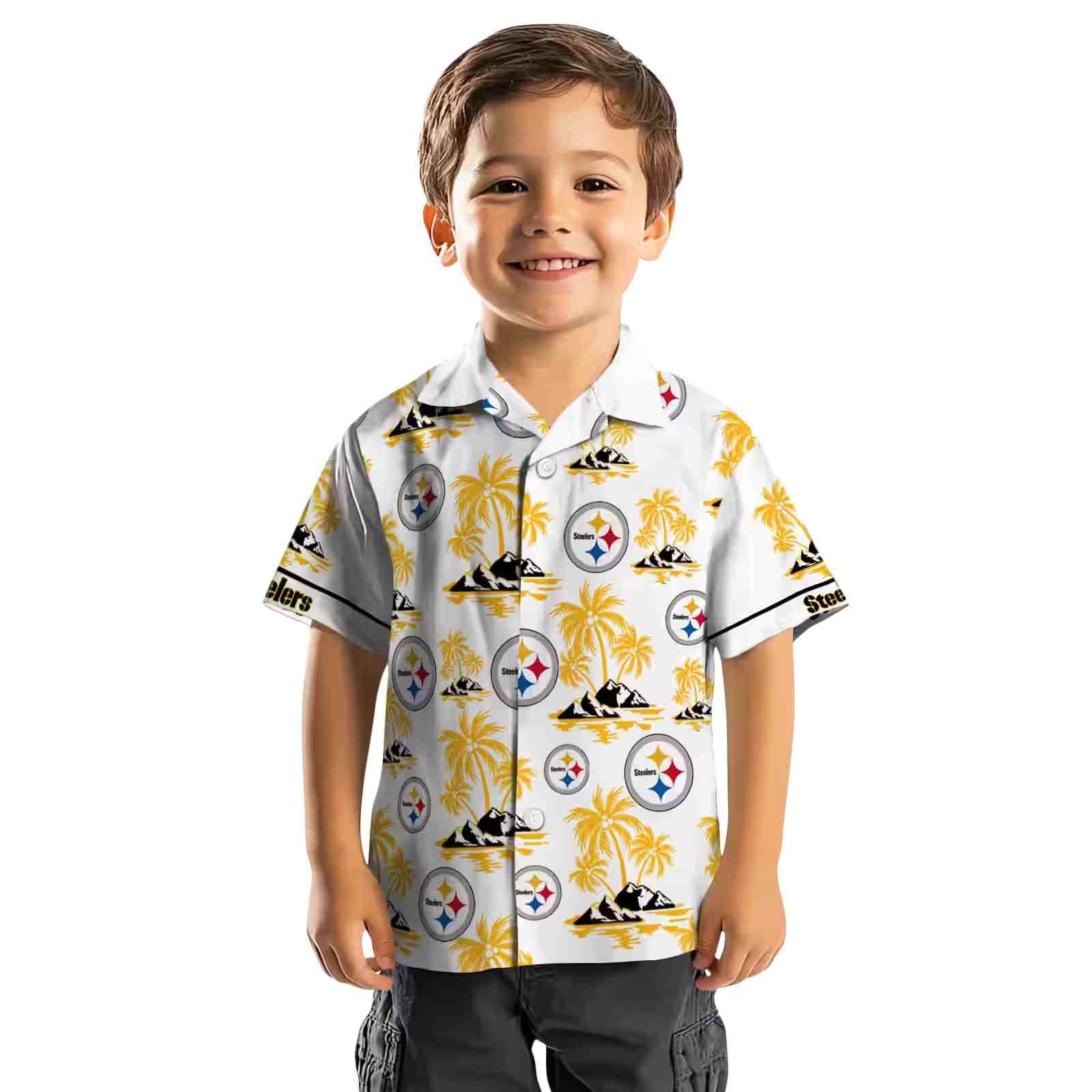 pittsburgh steelers palm island print gold white hawaiian shirt top rated