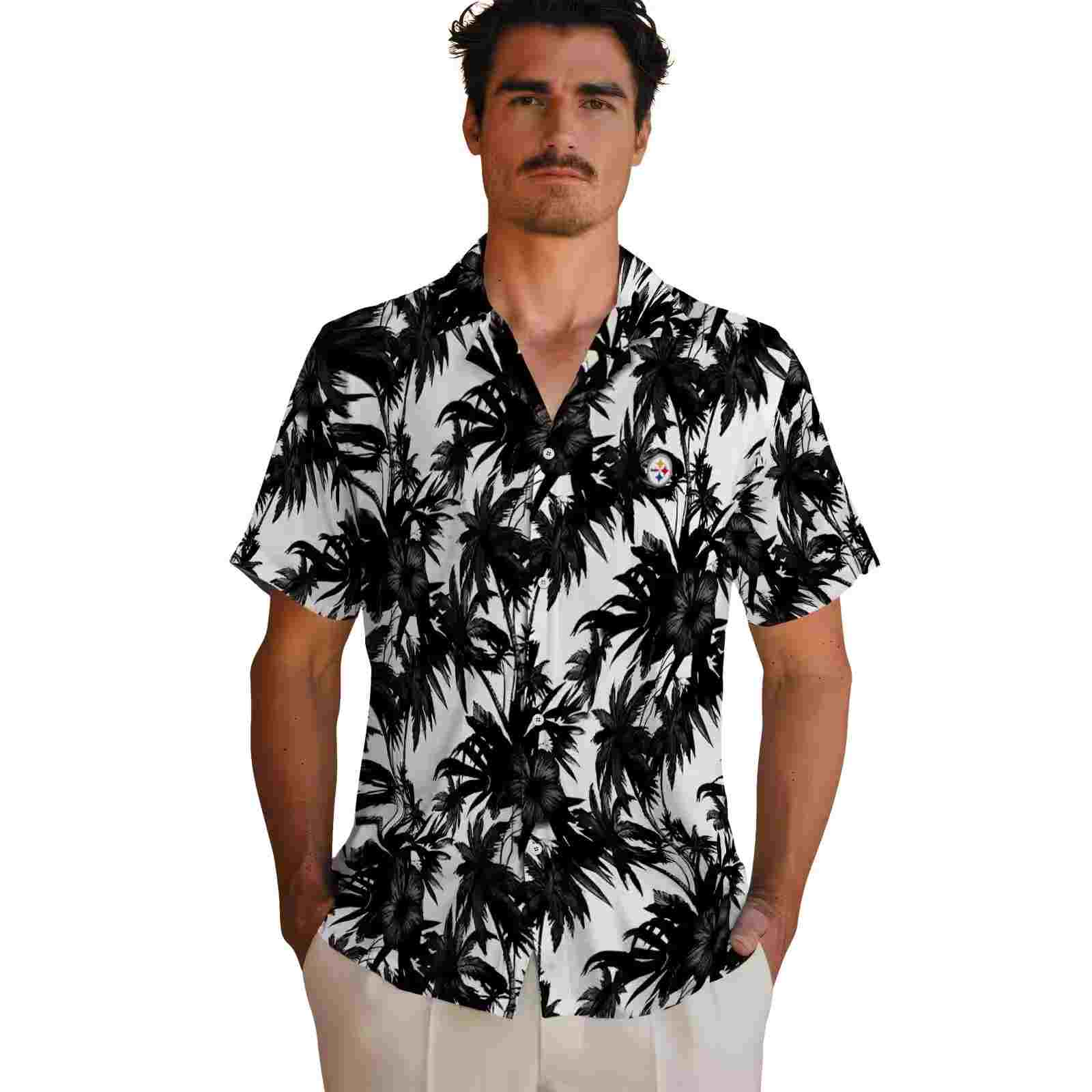 pittsburgh steelers palm motifs black white hawaiian shirt fashion forward