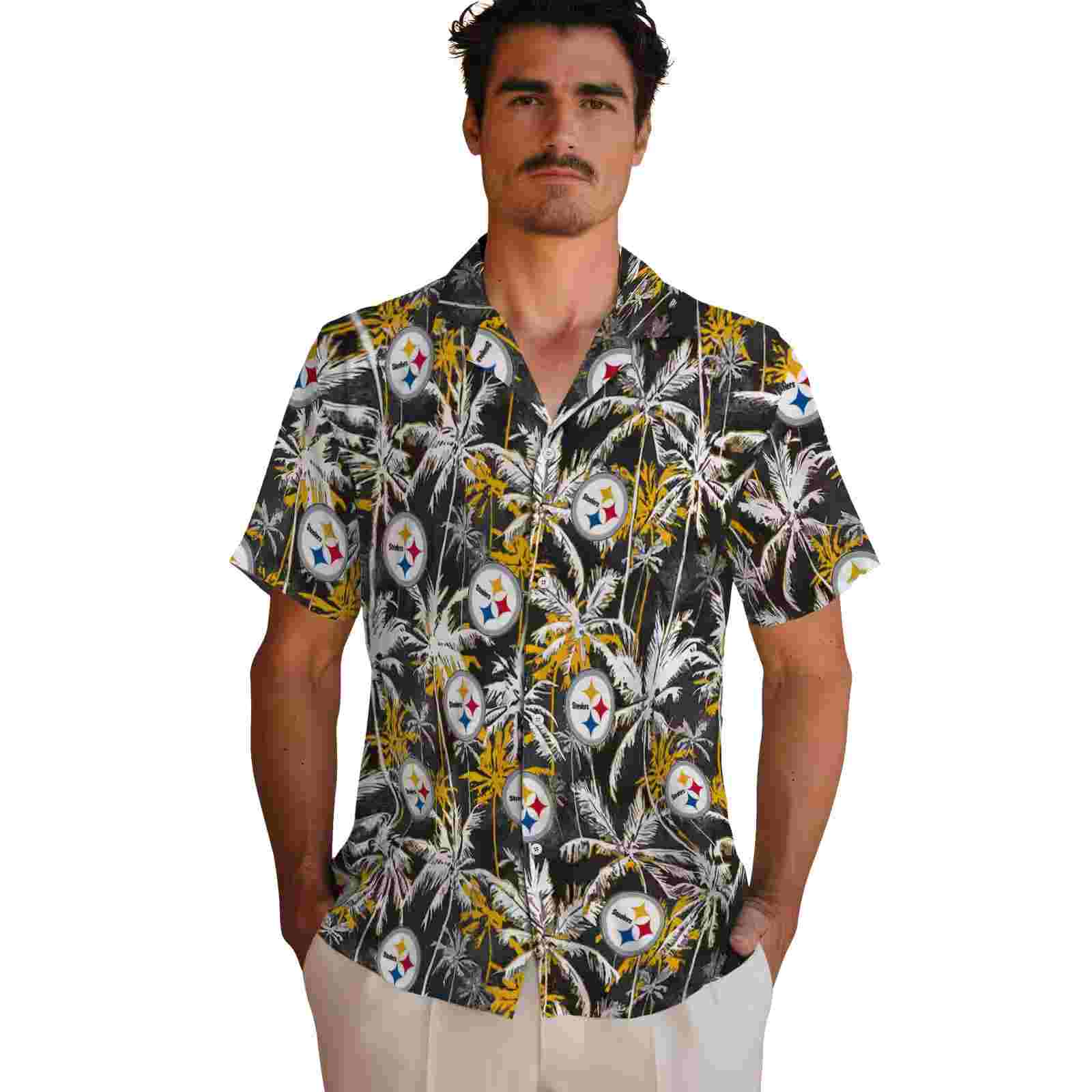 pittsburgh steelers palm pattern gold black hawaiian shirt fashion forward