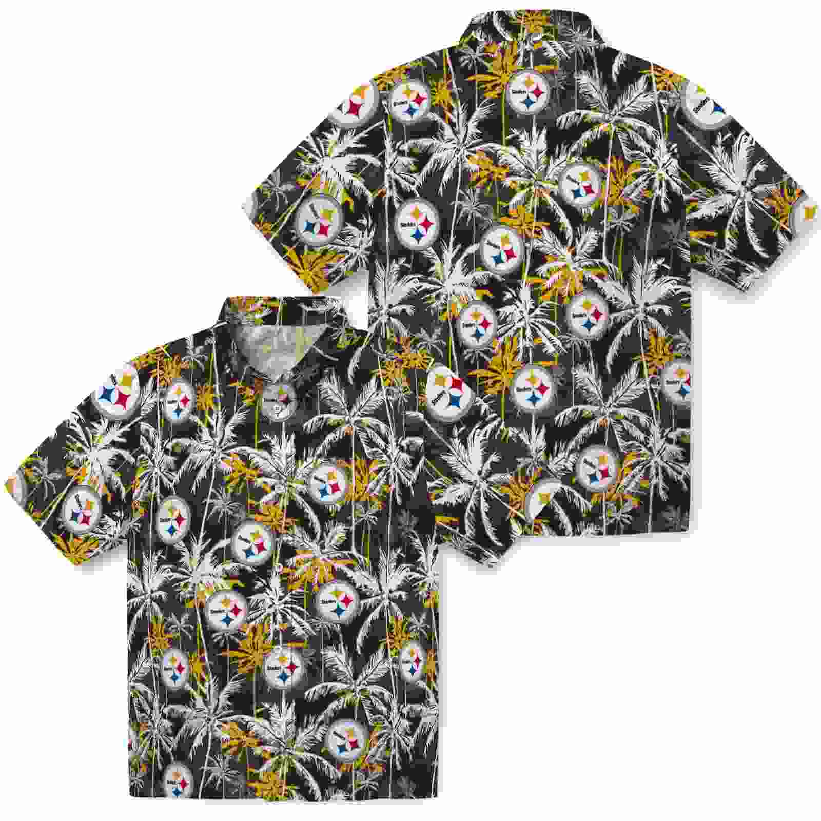 pittsburgh steelers palm pattern gold black hawaiian shirt high quality