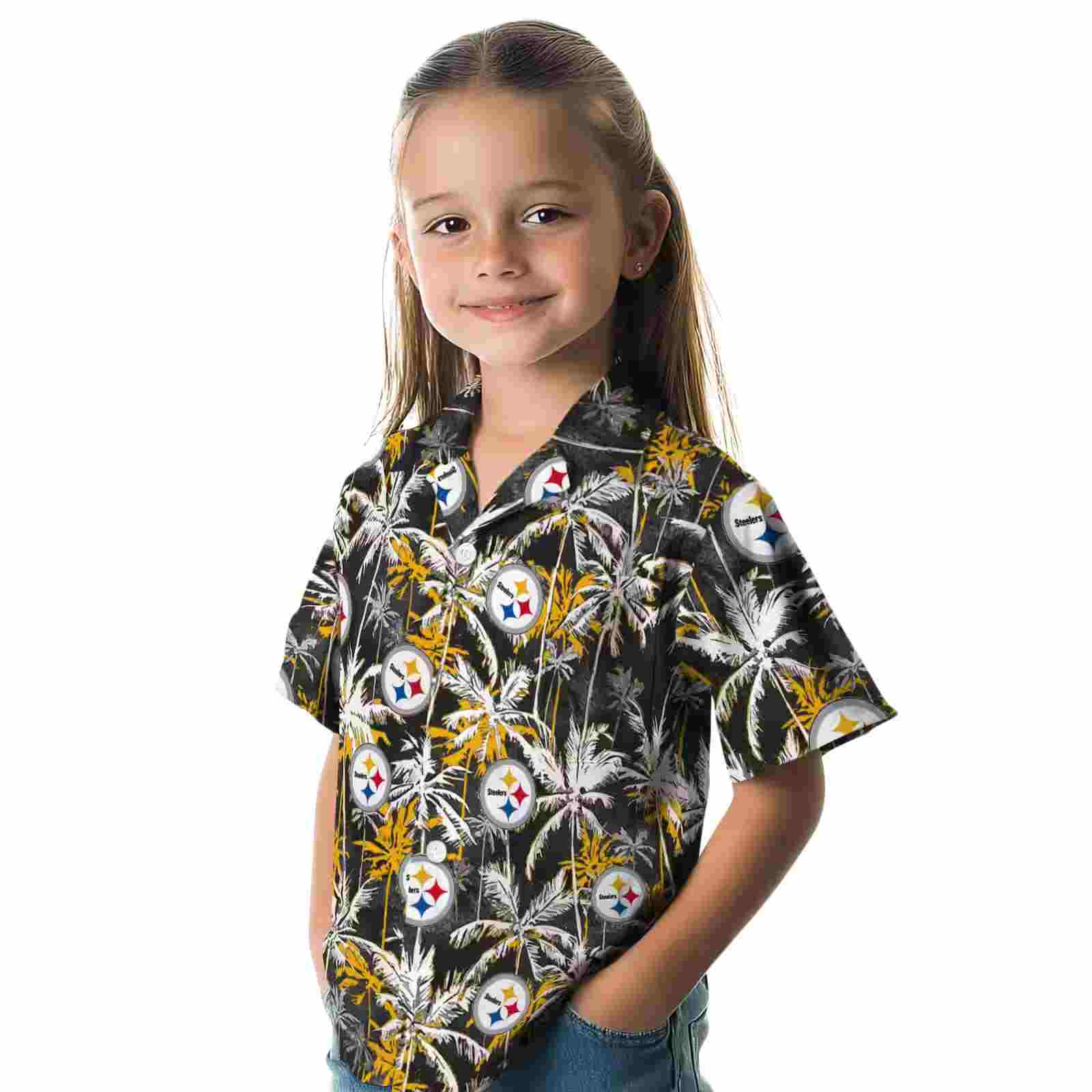 pittsburgh steelers palm pattern gold black hawaiian shirt premium grade