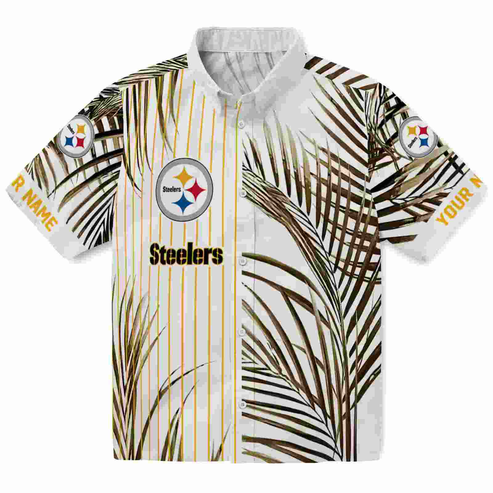 Pittsburgh Steelers Palm Stripes Gold Black White Hawaiian Shirt