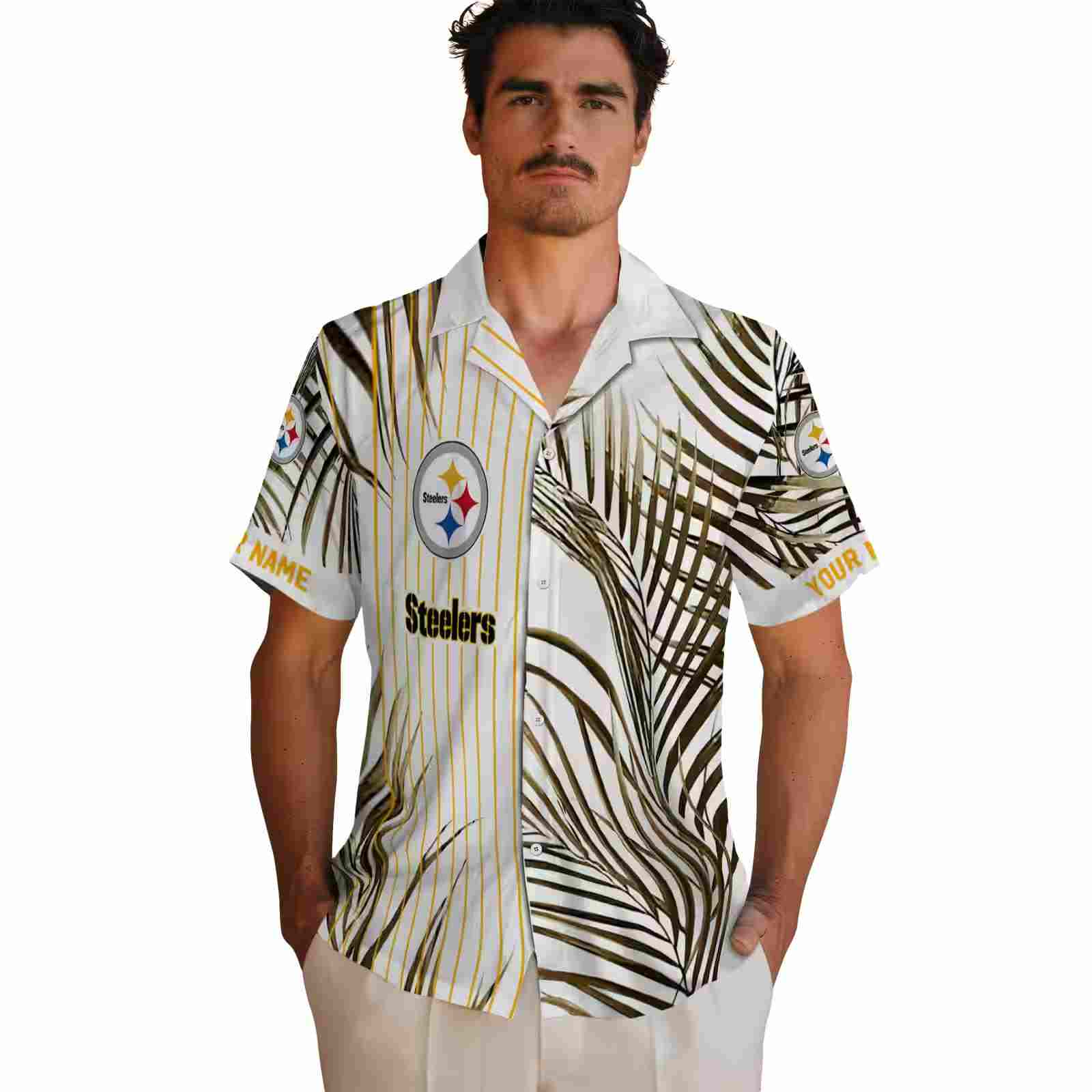 pittsburgh steelers palm stripes gold black white hawaiian shirt fashion forward