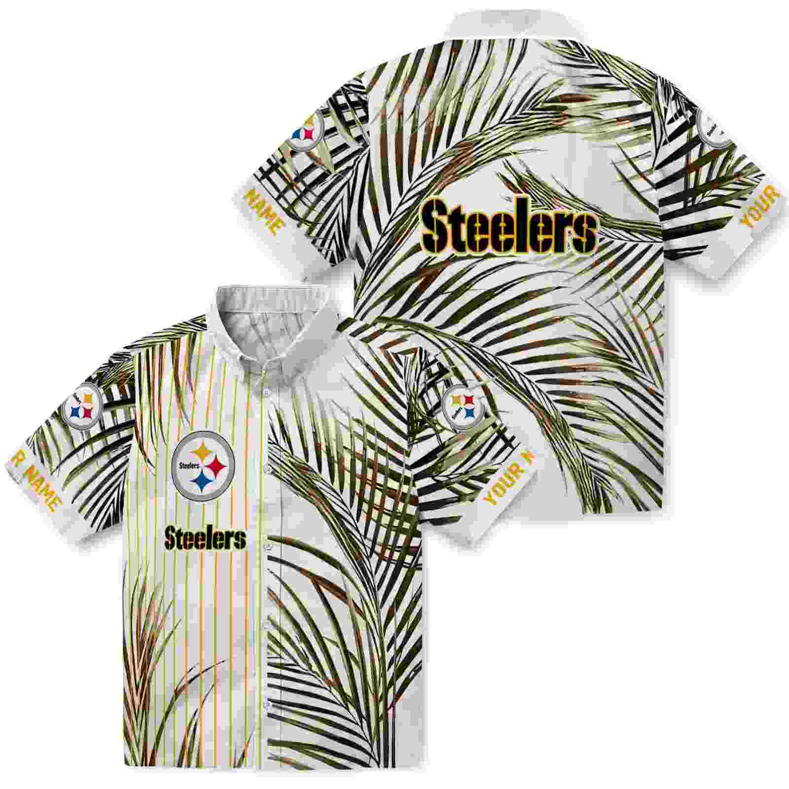 pittsburgh steelers palm stripes gold black white hawaiian shirt high quality