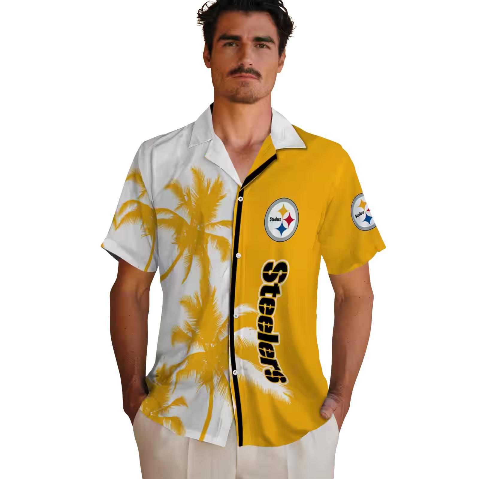 pittsburgh steelers palm trees gold white hawaiian shirt fashion forward