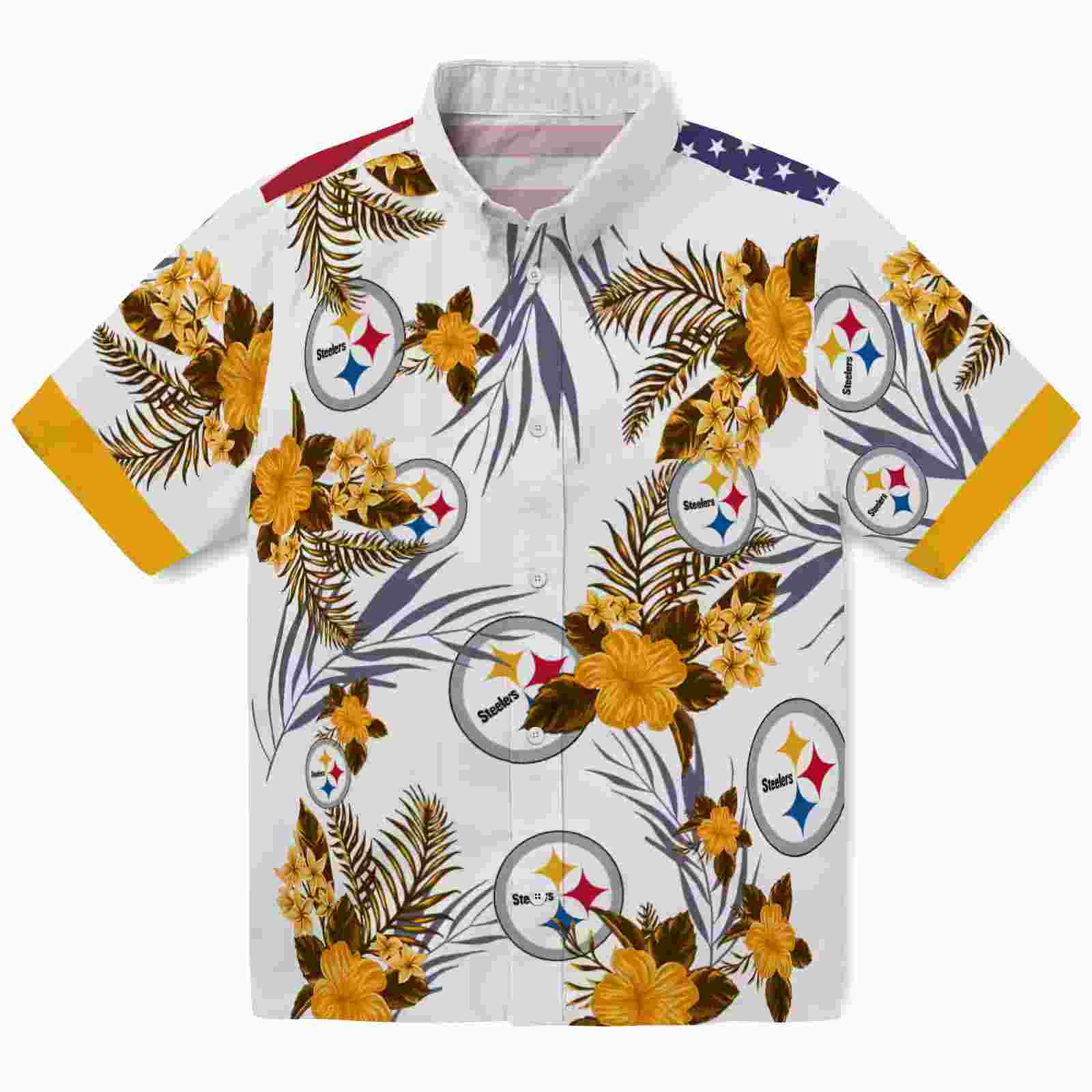 Pittsburgh Steelers Patriotic Hibiscus Design Gold White Hawaiian Shirt