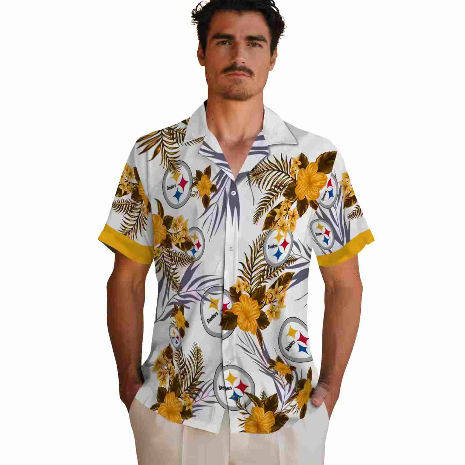 pittsburgh steelers patriotic hibiscus design gold white hawaiian shirt fashion forward