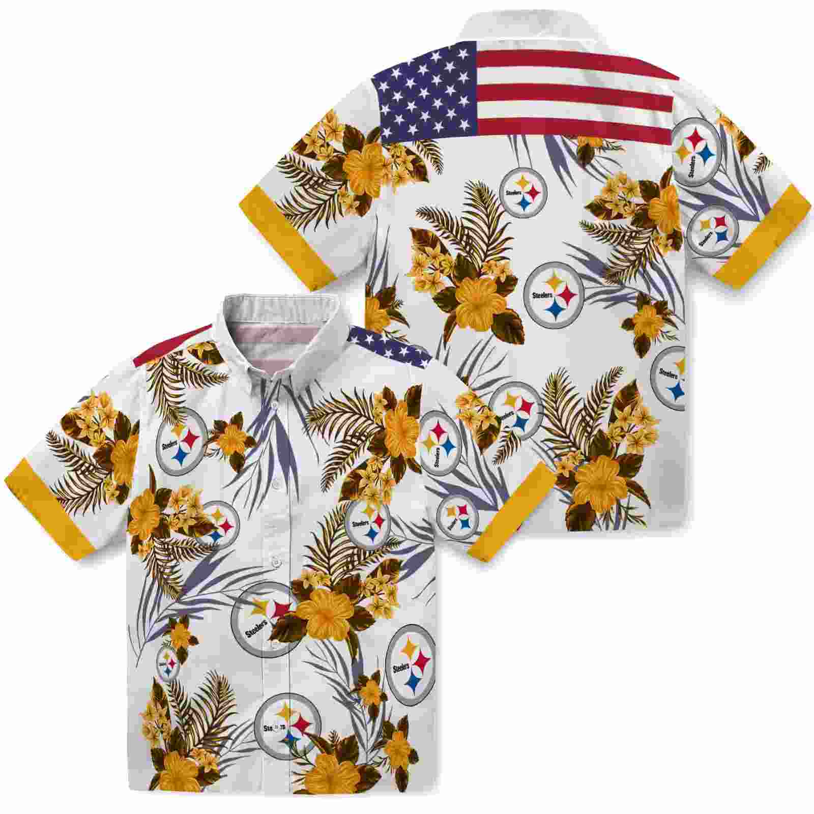 pittsburgh steelers patriotic hibiscus design gold white hawaiian shirt high quality