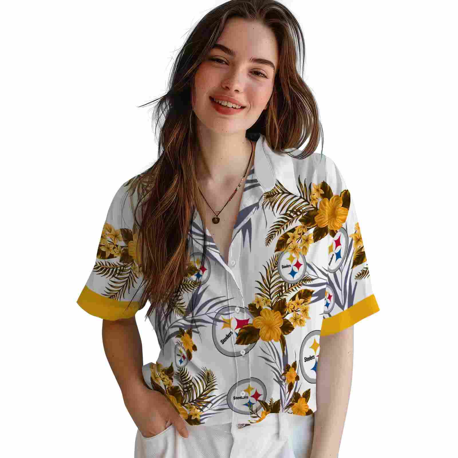 pittsburgh steelers patriotic hibiscus design gold white hawaiian shirt latest model