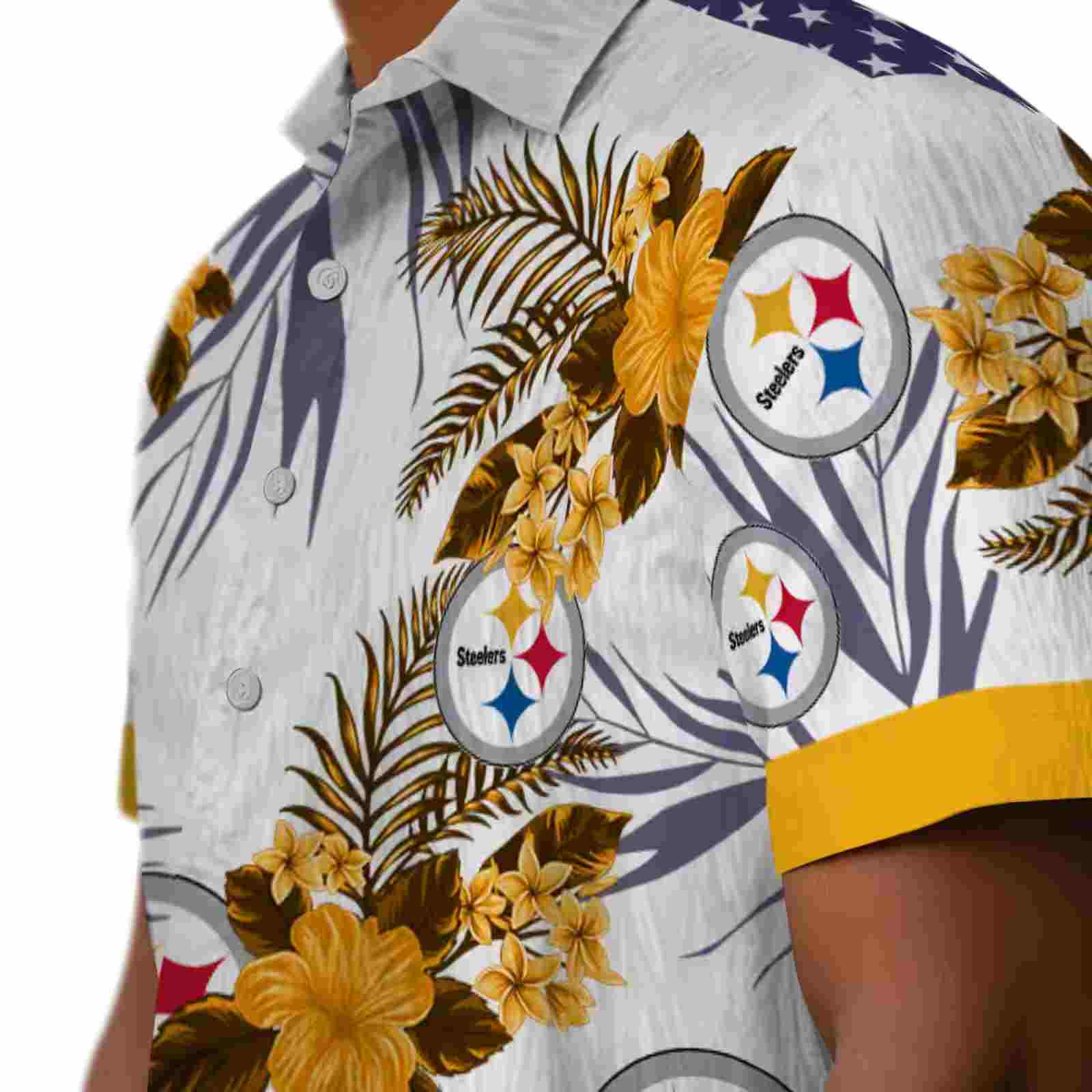 pittsburgh steelers patriotic hibiscus design gold white hawaiian shirt trendy