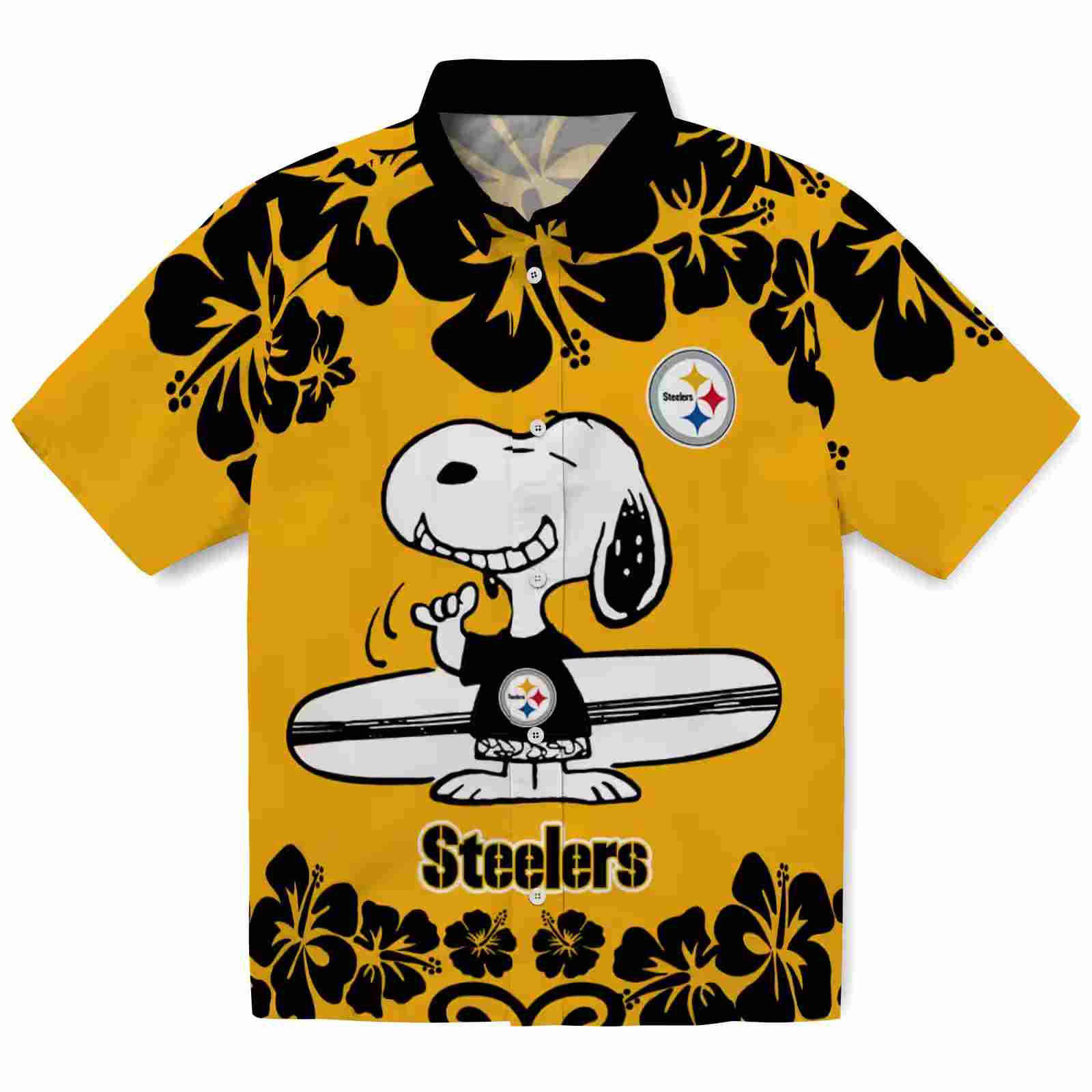 Pittsburgh Steelers Snoopy Surf Gold White Hawaiian Shirt