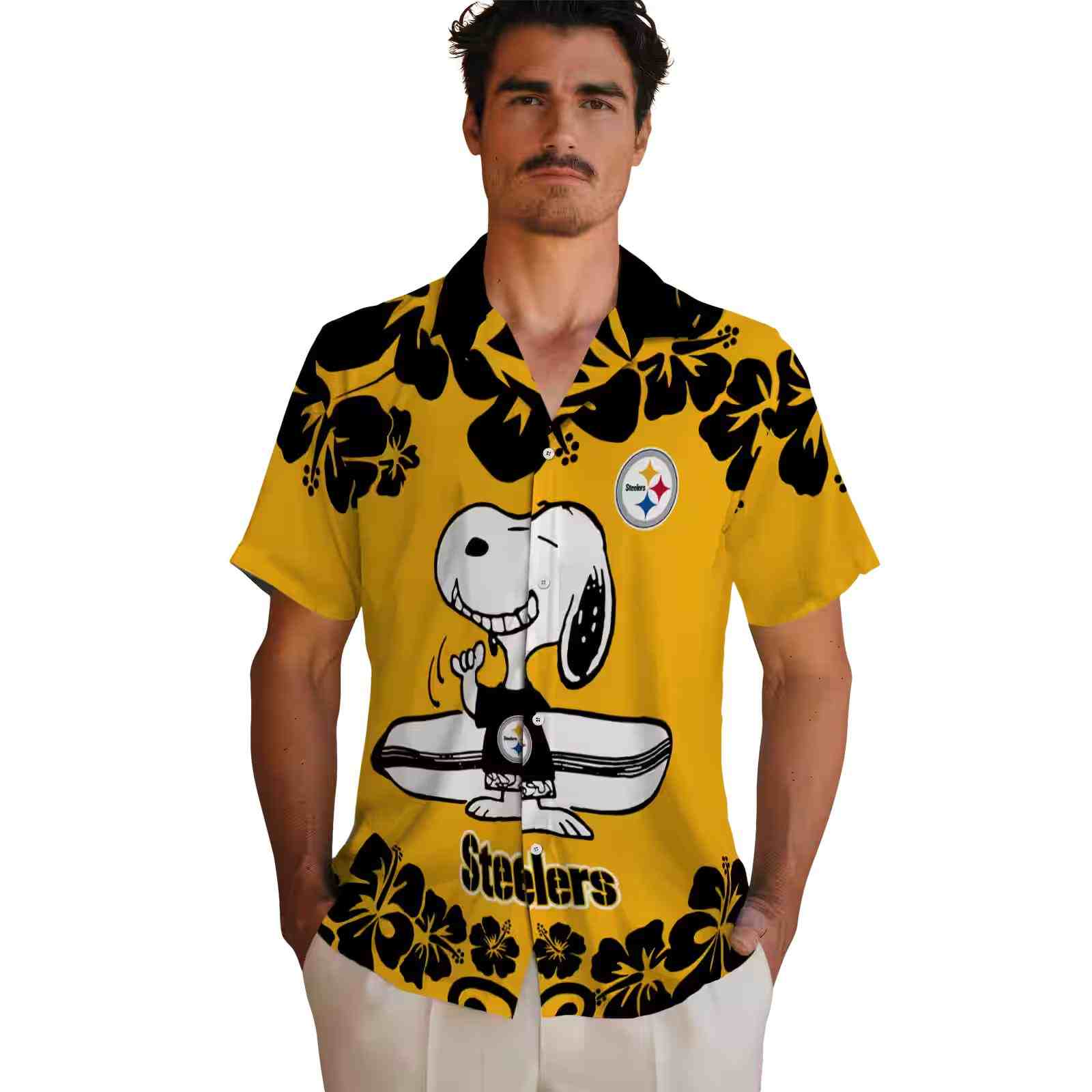 pittsburgh steelers snoopy surf gold white hawaiian shirt fashion forward