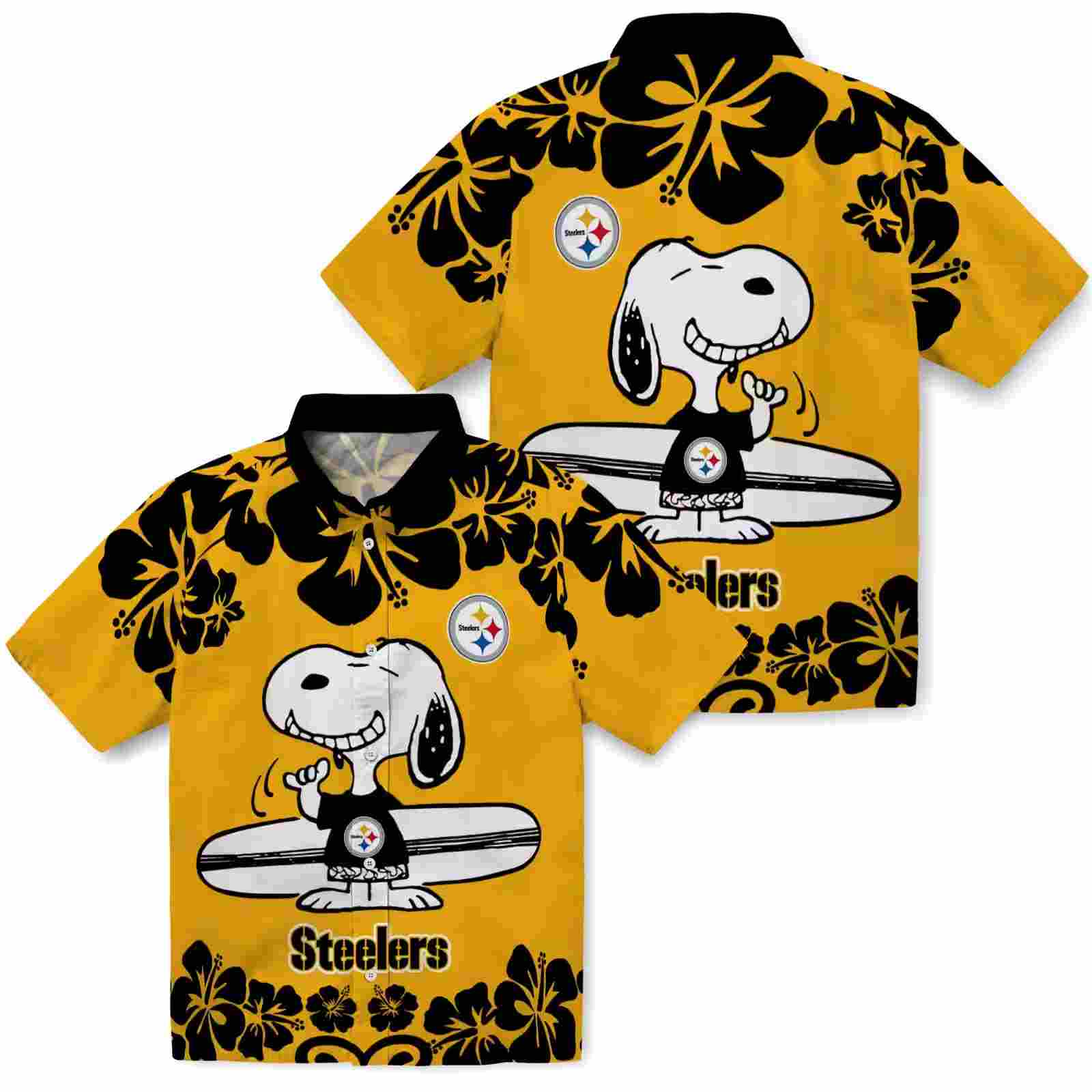 pittsburgh steelers snoopy surf gold white hawaiian shirt high quality