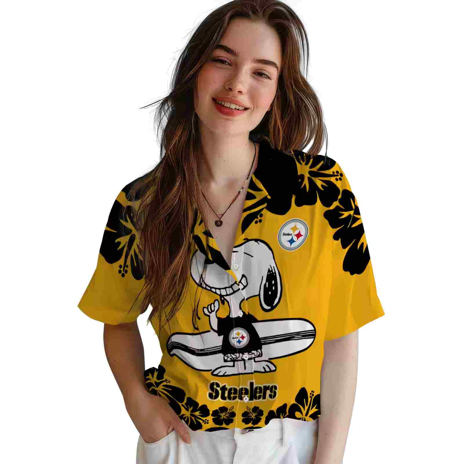 pittsburgh steelers snoopy surf gold white hawaiian shirt latest model