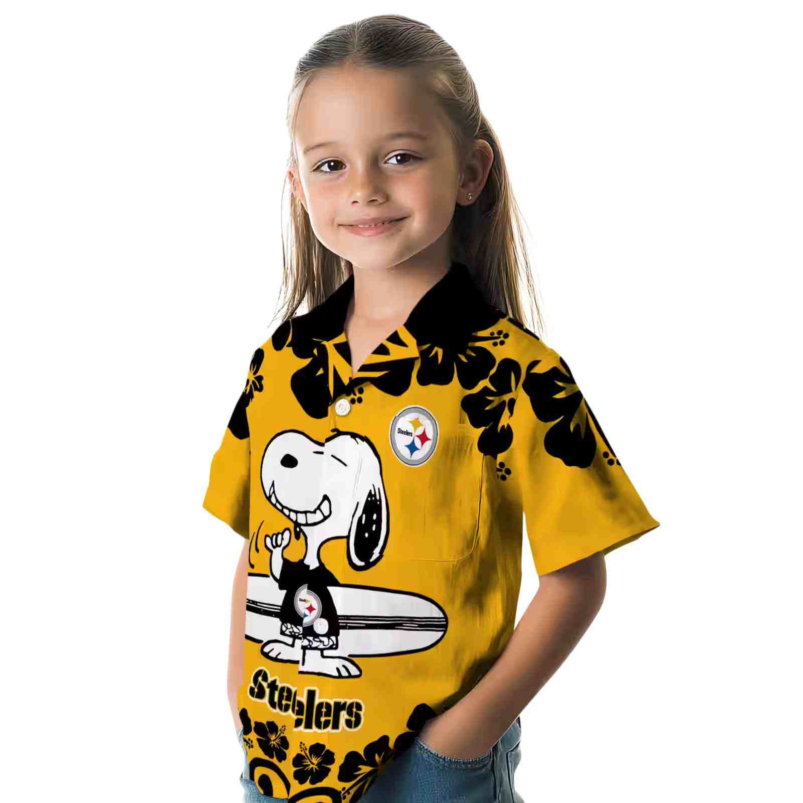 pittsburgh steelers snoopy surf gold white hawaiian shirt premium grade