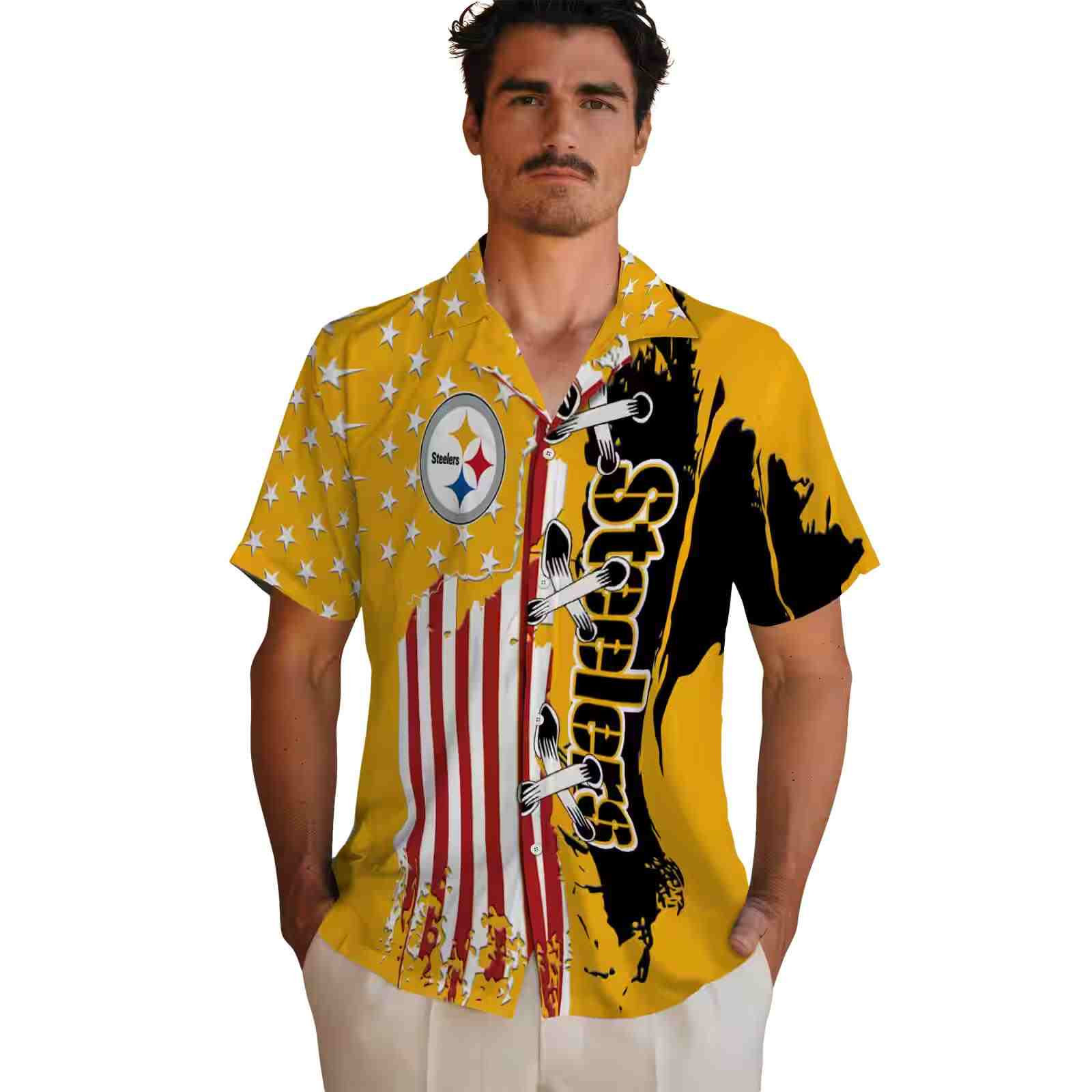 pittsburgh steelers stitched flag gold hawaiian shirt fashion forward