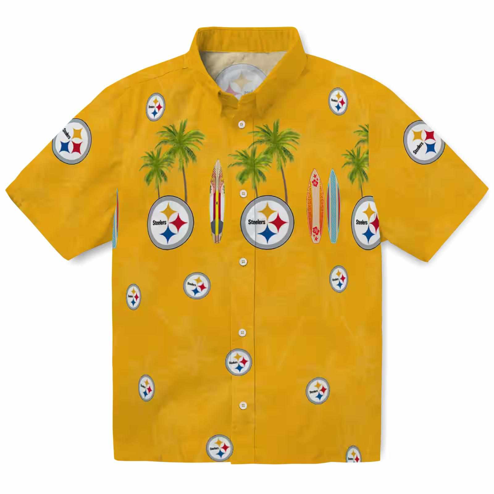 Pittsburgh Steelers Surfboard Palm Gold Hawaiian Shirt