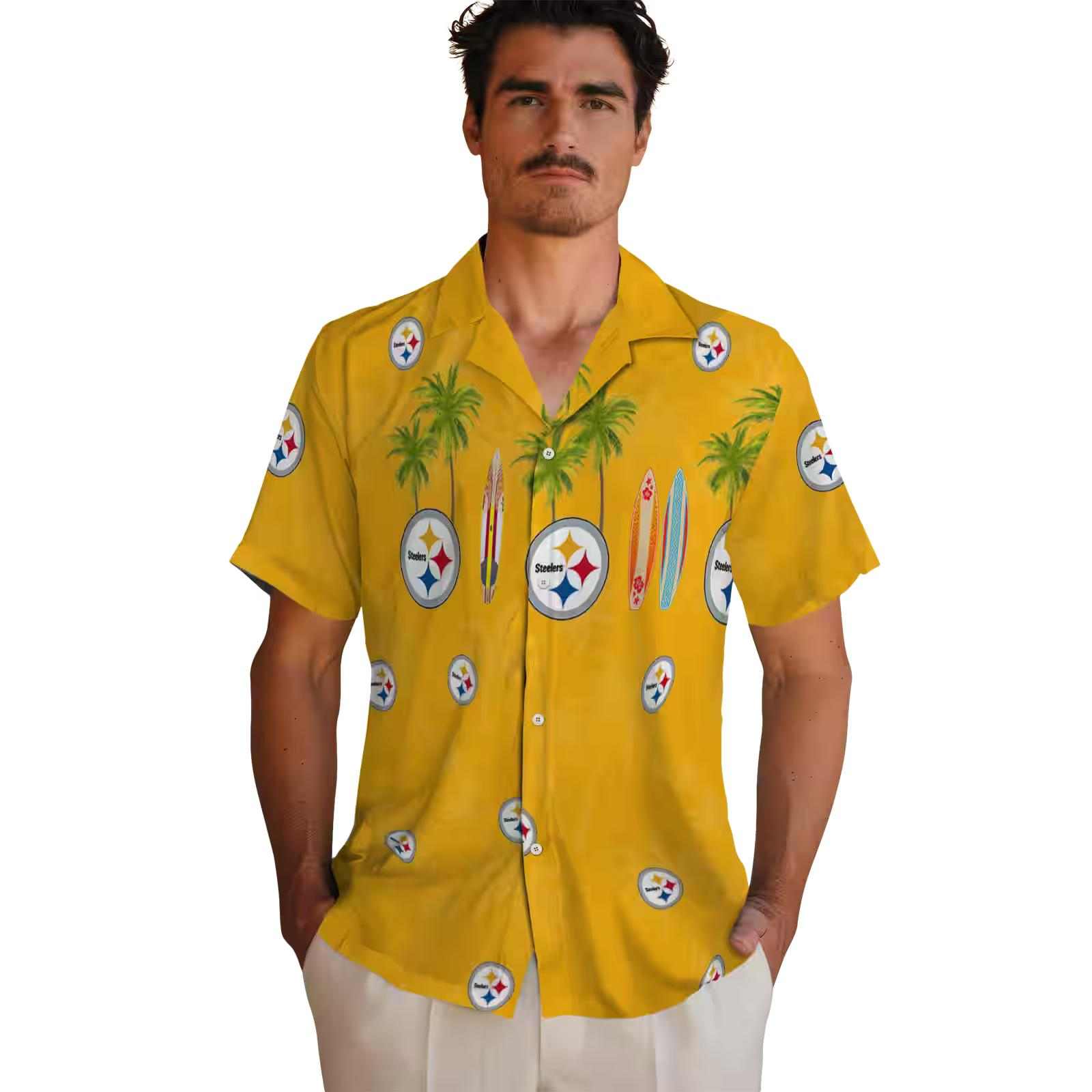 pittsburgh steelers surfboard palm gold hawaiian shirt fashion forward