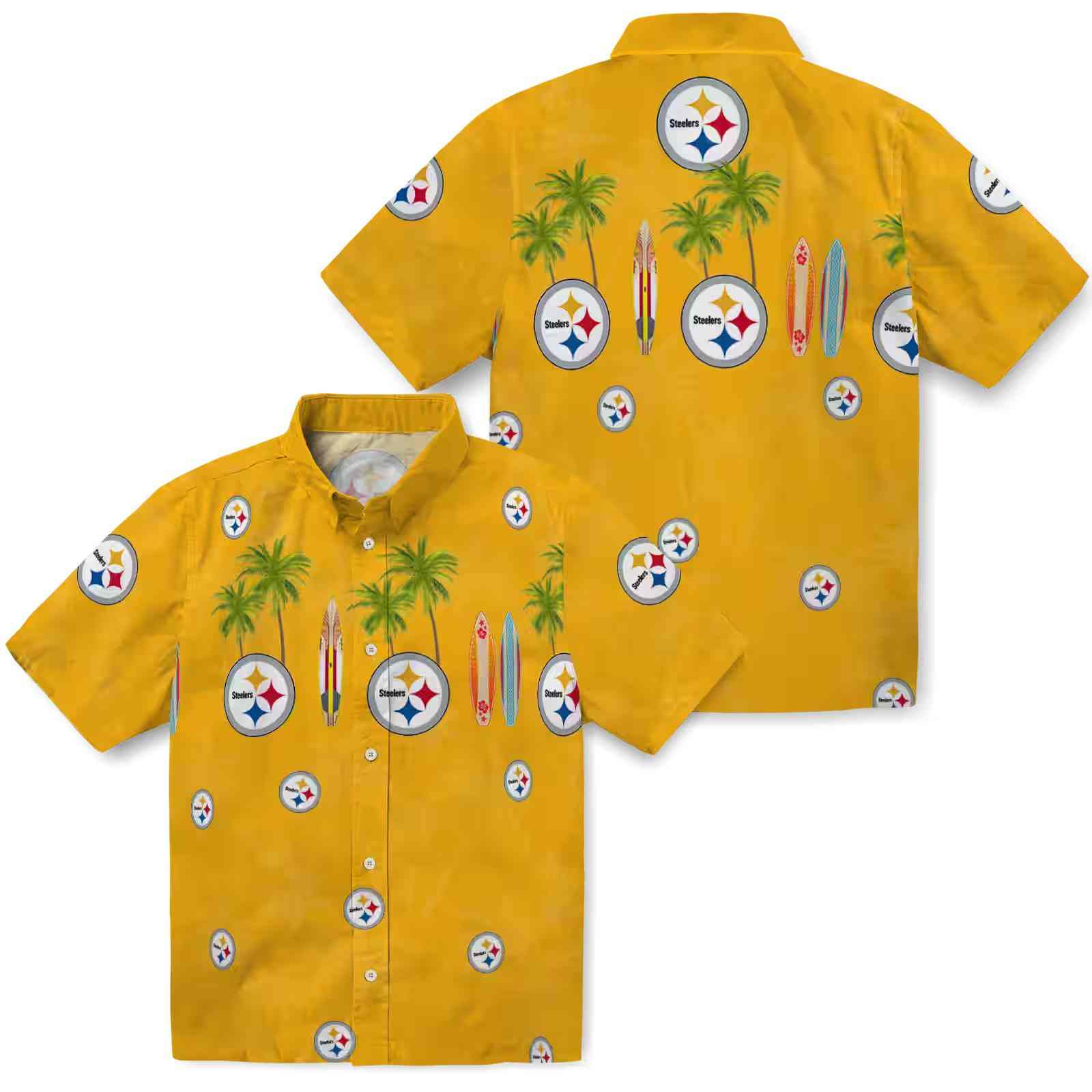 pittsburgh steelers surfboard palm gold hawaiian shirt high quality