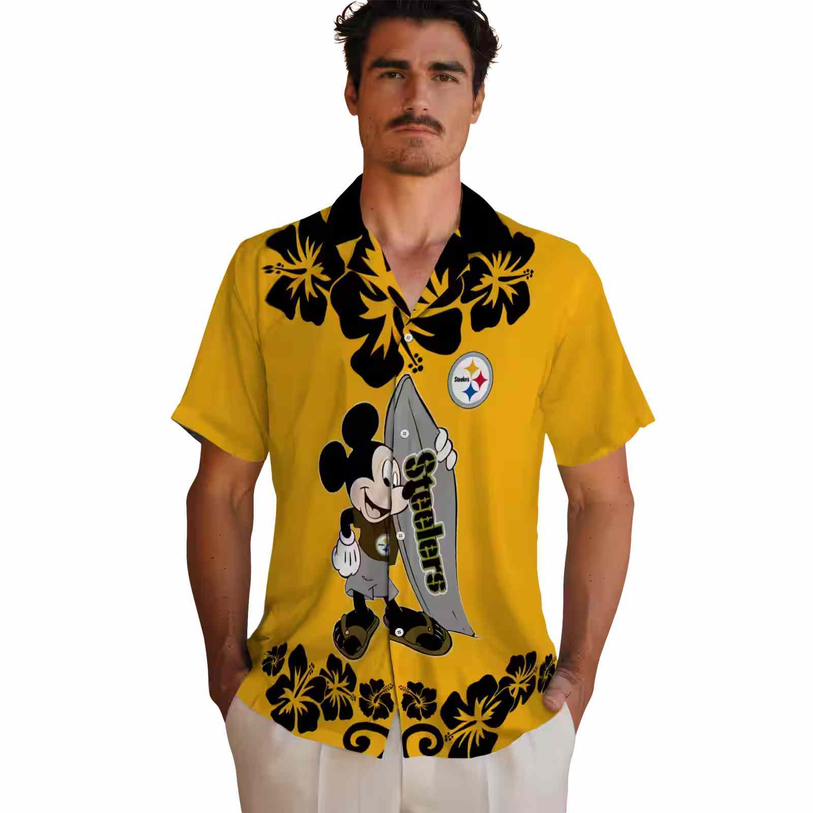 pittsburgh steelers surfing mickey gold hawaiian shirt fashion forward