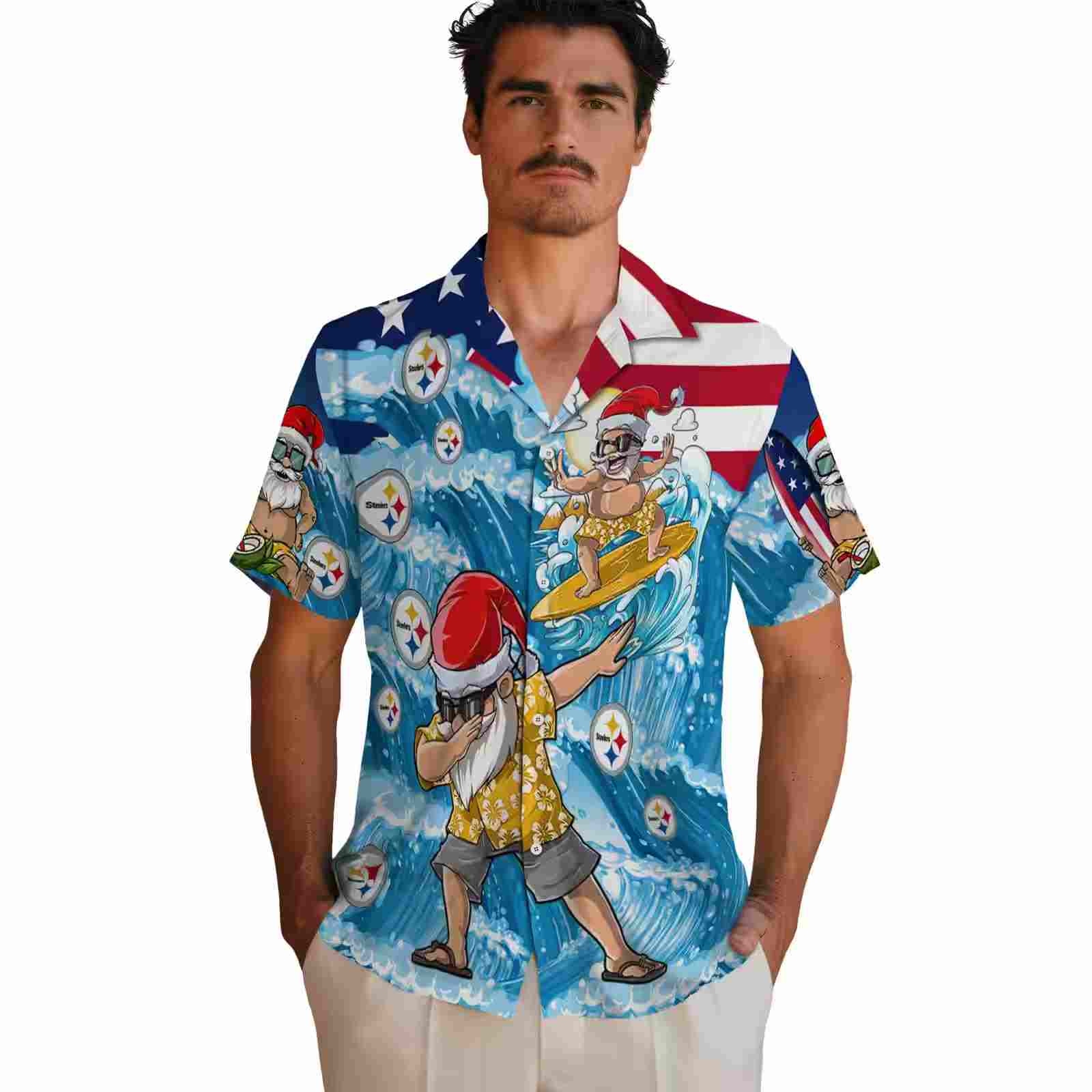 pittsburgh steelers surfing santa blue hawaiian shirt fashion forward