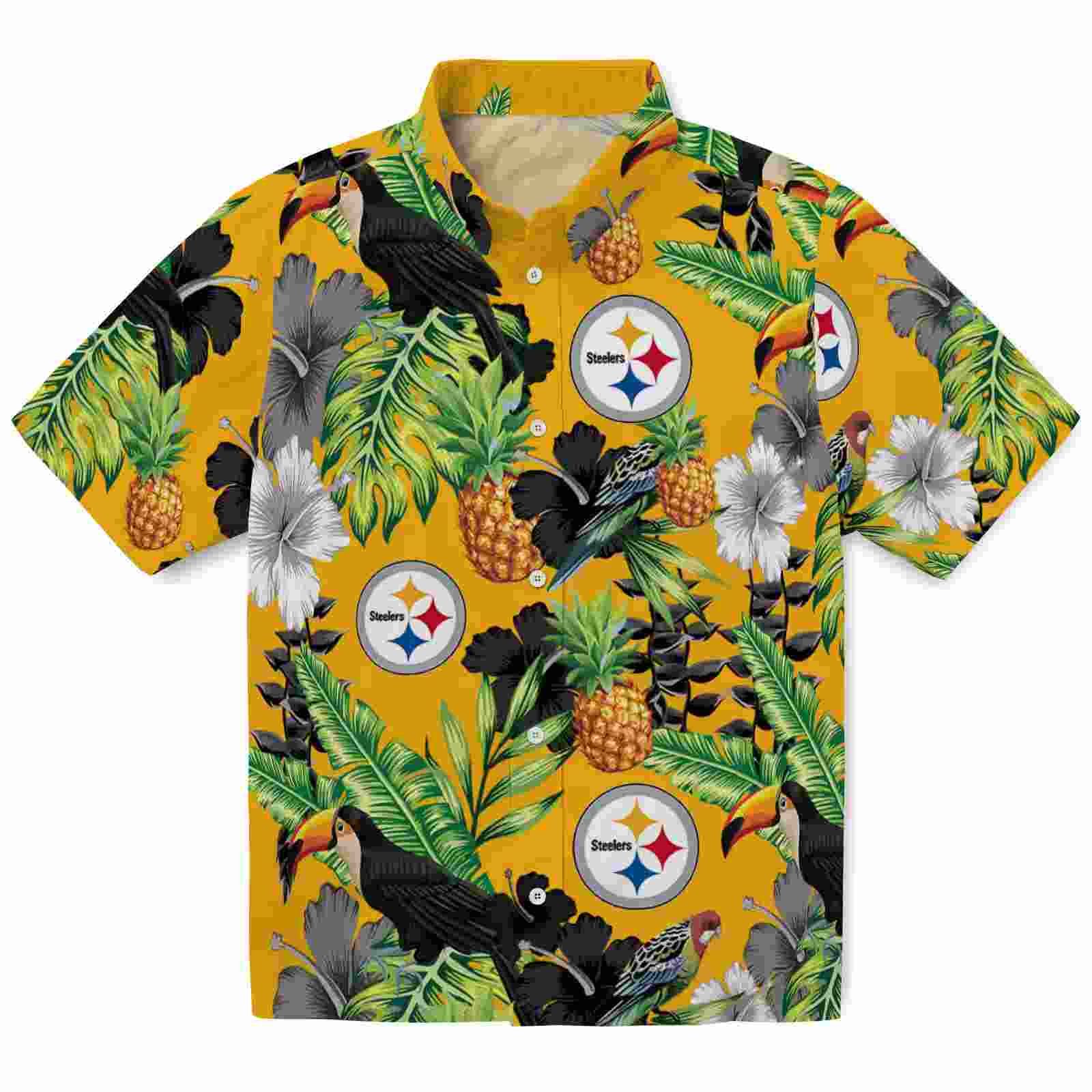 Pittsburgh Steelers Toucan Hibiscus Pineapple Gold Green Hawaiian Shirt