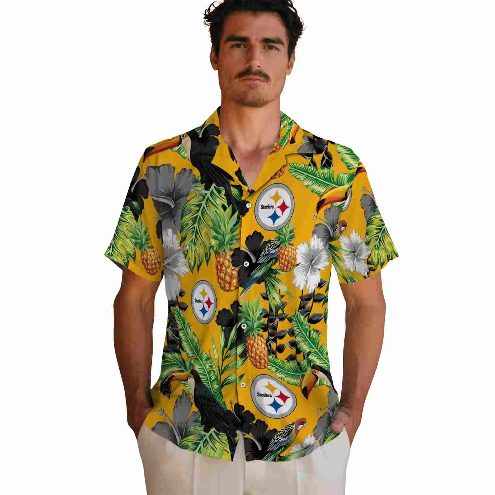 pittsburgh steelers toucan hibiscus pineapple gold green hawaiian shirt fashion forward