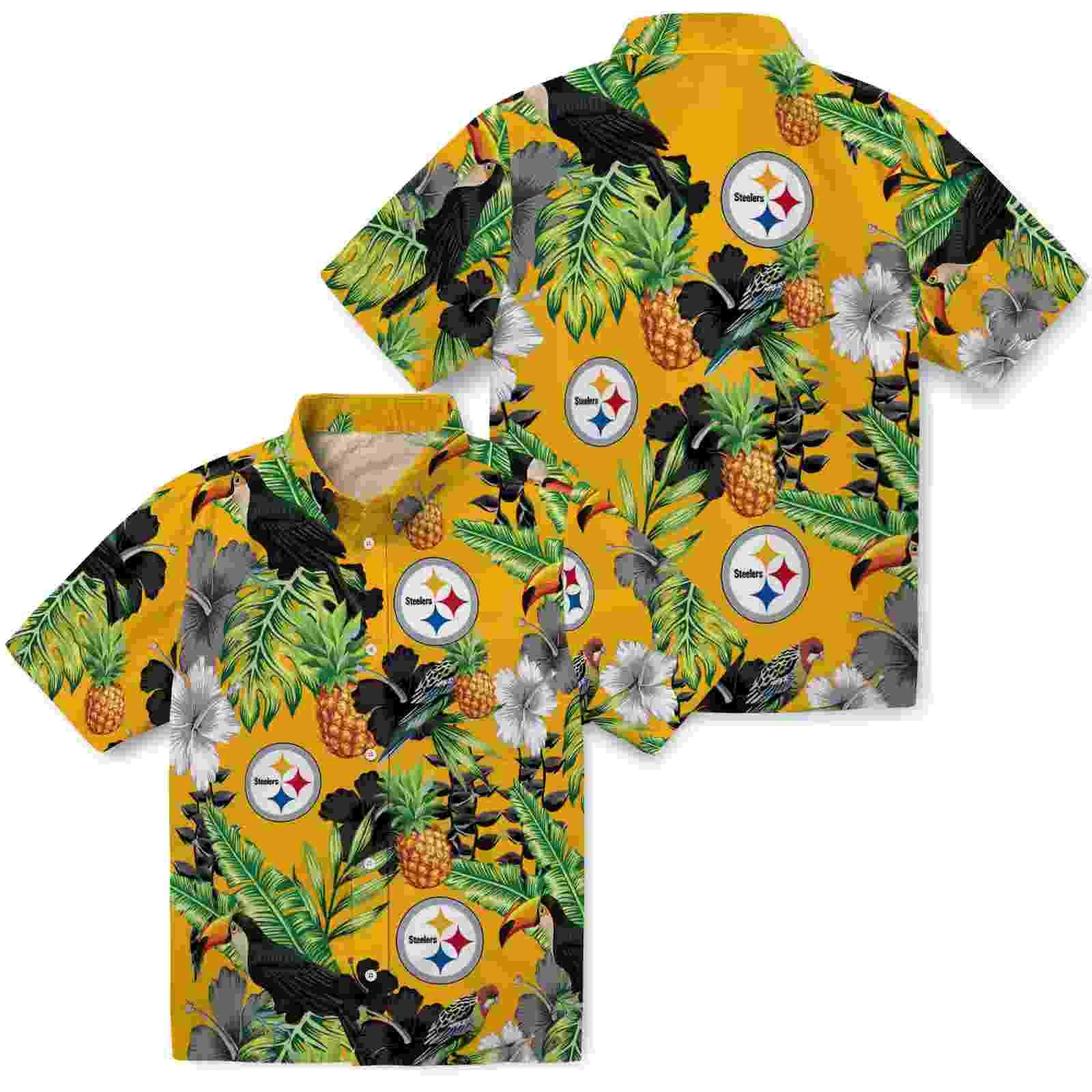 pittsburgh steelers toucan hibiscus pineapple gold green hawaiian shirt high quality