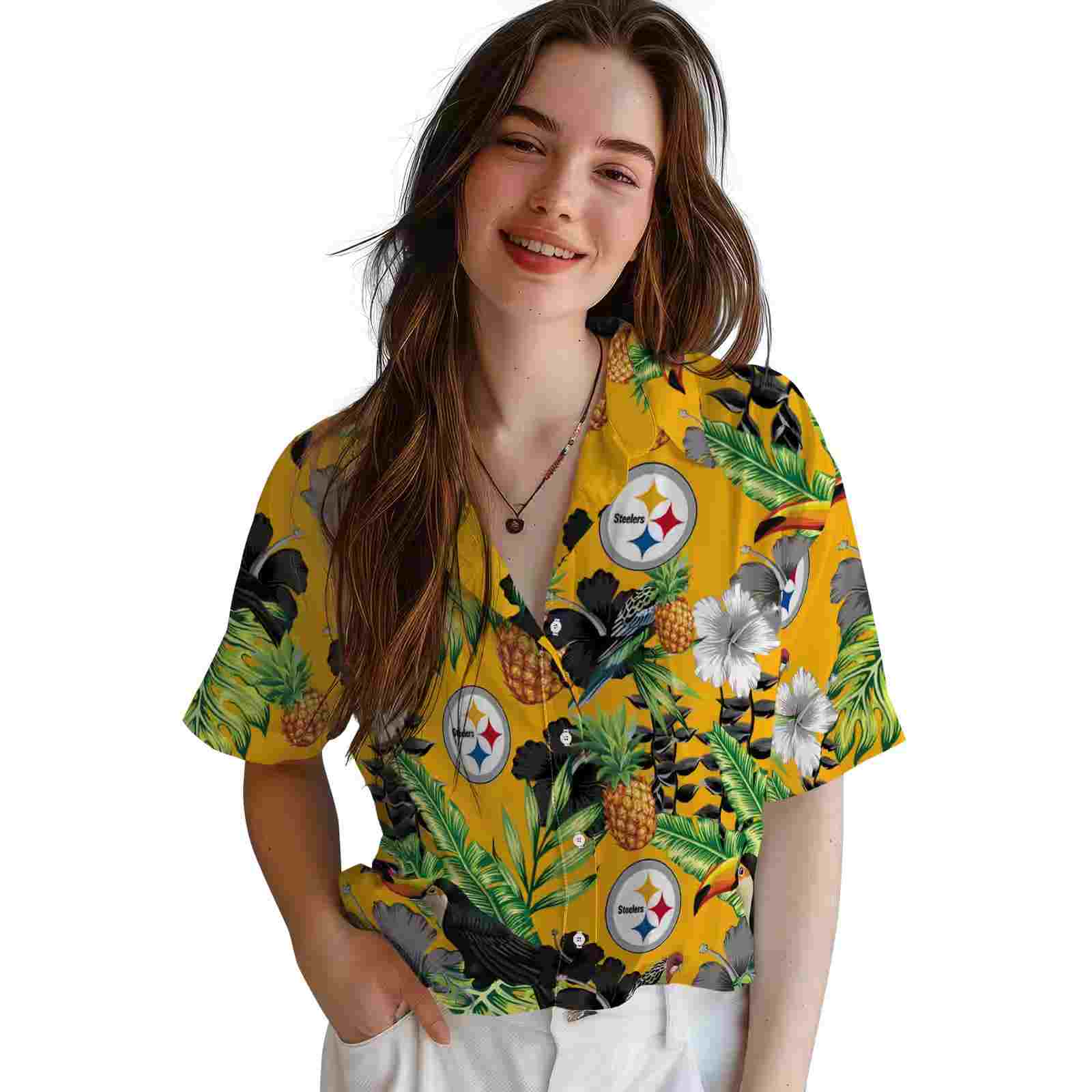 pittsburgh steelers toucan hibiscus pineapple gold green hawaiian shirt latest model