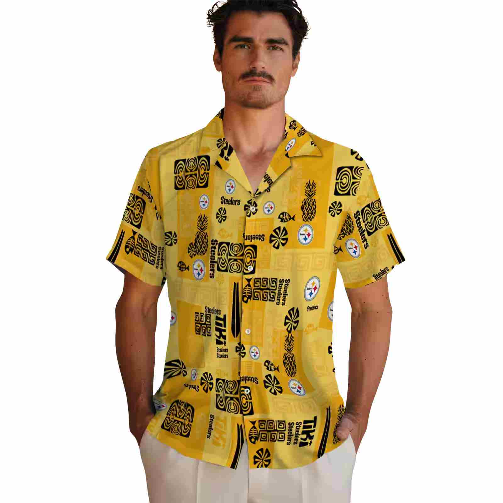 pittsburgh steelers tribal symbols gold hawaiian shirt fashion forward