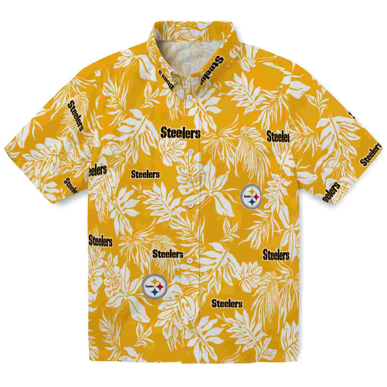 Pittsburgh Steelers Tropical Leaf Gold White Hawaiian Shirt