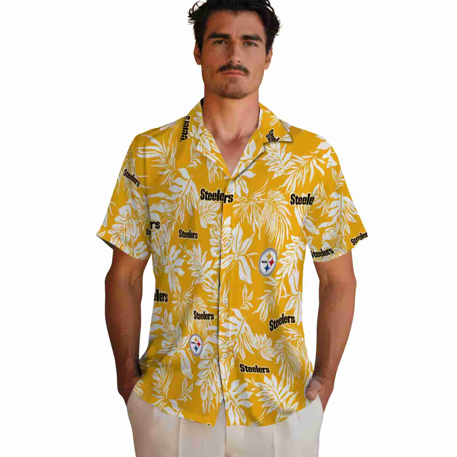 pittsburgh steelers tropical leaf gold white hawaiian shirt fashion forward